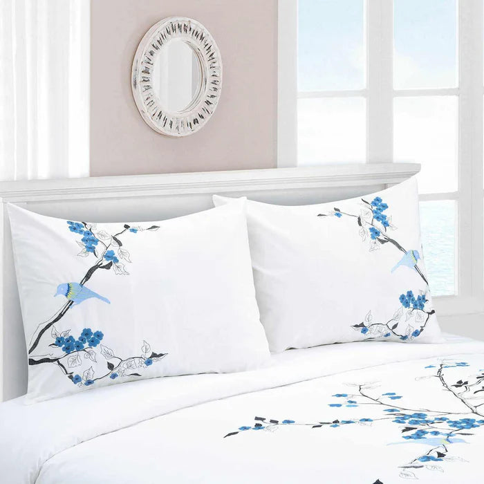 Premium Cotton Cherry Blossom Floral Embroidered Duvet Cover Set - Soft Bedding for Spring & Summer - Perfect for Master Bedroom, Guest Room & Dorm Decor