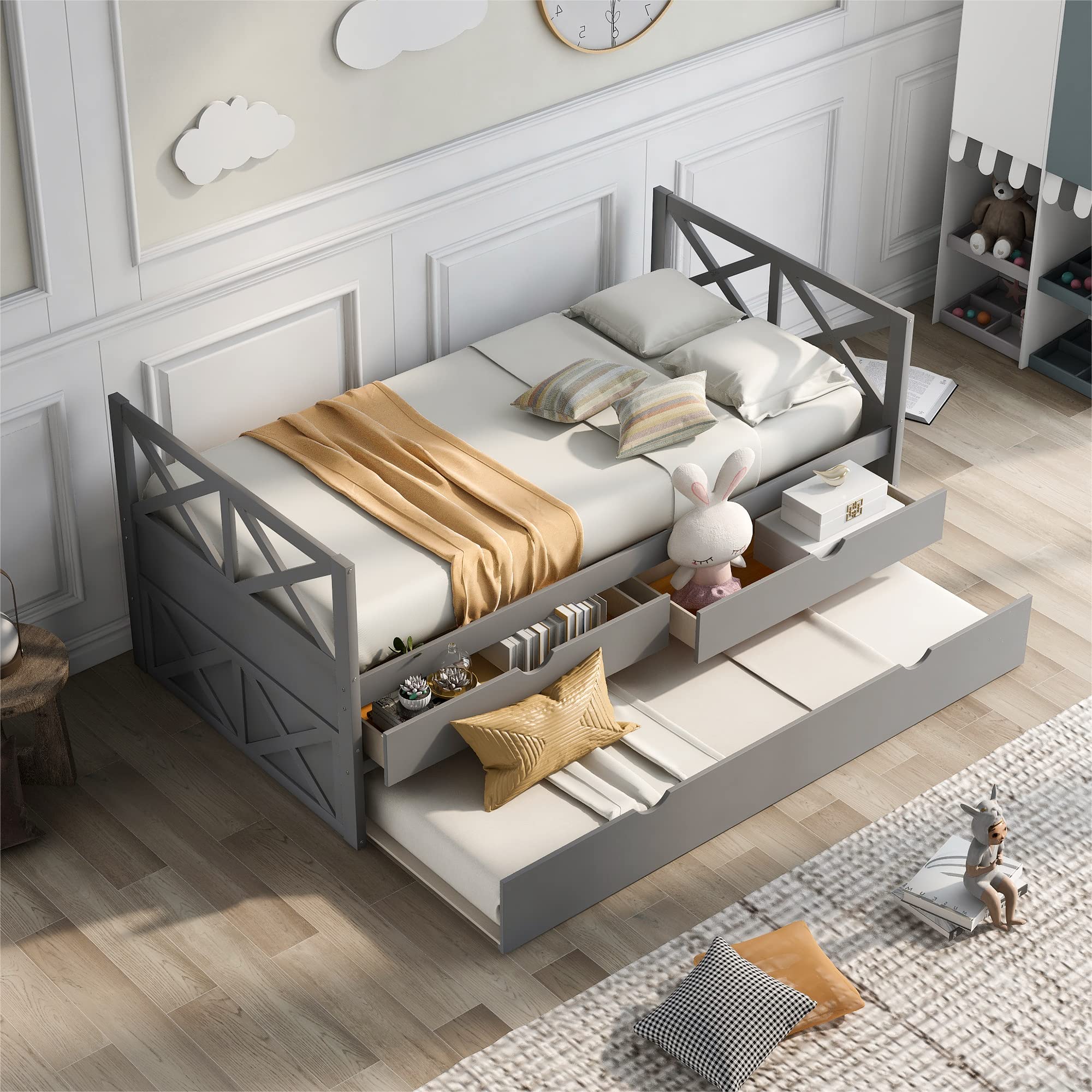 Twin Daybed with Trundle and Storage Drawers - Solid Wood Farmhouse Style Platform Bed Frame with Slat Support, No Box Spring Needed - Perfect for Guest Rooms, Small Spaces & Living Room Lounging