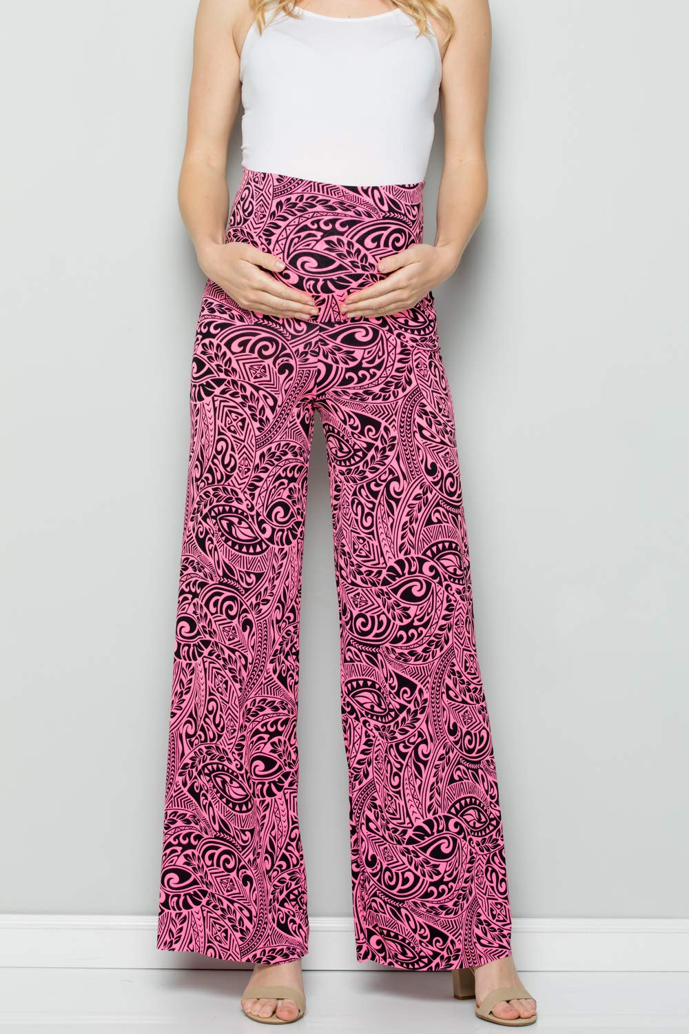 Stylish Maternity Palazzo Pants for Women - Bohemian Floral Print with Tummy Control - Comfortable Pregnancy Pants for Casual Wear, Work & Relaxation