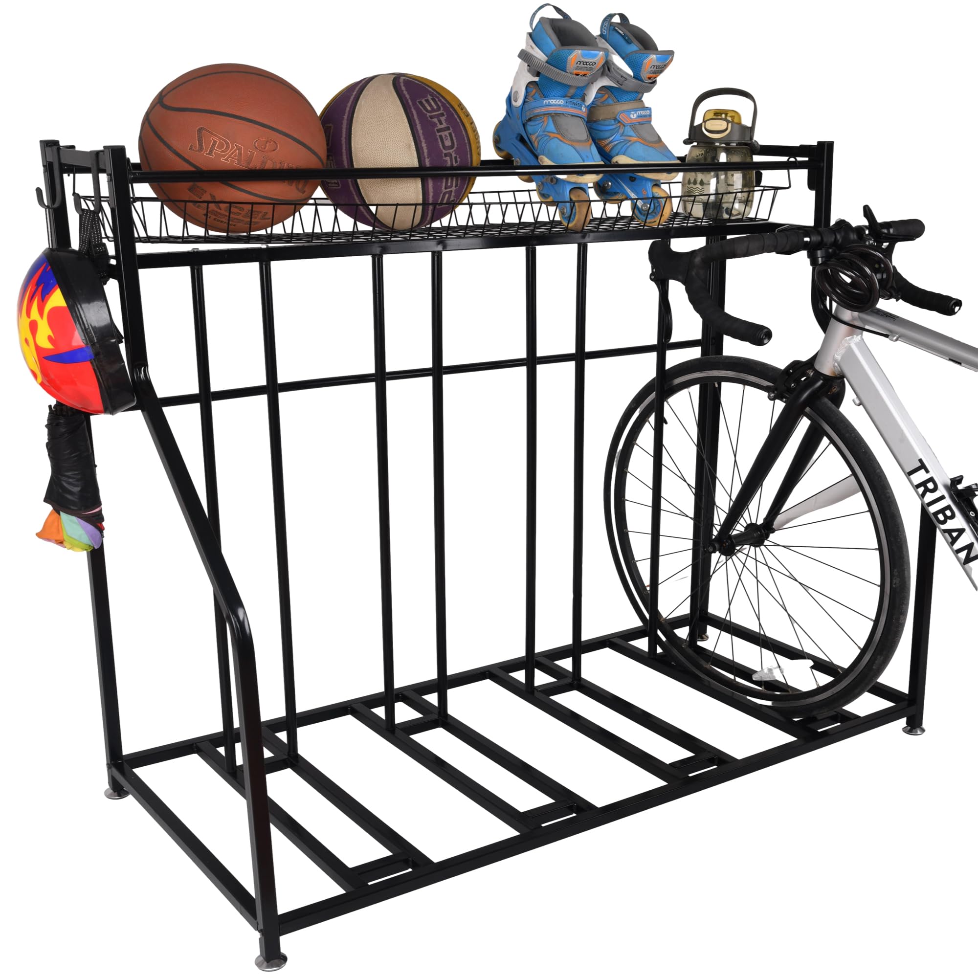 **Heavy Duty 4 Bike Rack Garage Stand - Adjustable Black Metal Floor Storage with Basket & Hooks - Fits 3