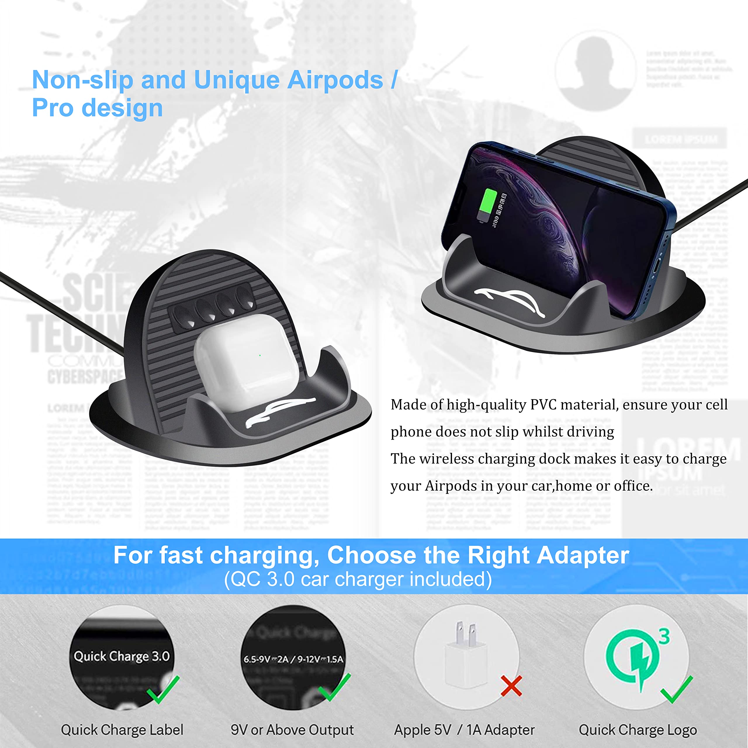 POLMXS Fast Wireless Car Charger Mount - 15W Qi-Certified Charging Pad & Phone Holder for Galaxy S21/S20/S10/S9/S8 & Note 10 - Non-Slip Dashboard Stand for Safe Driving Charging