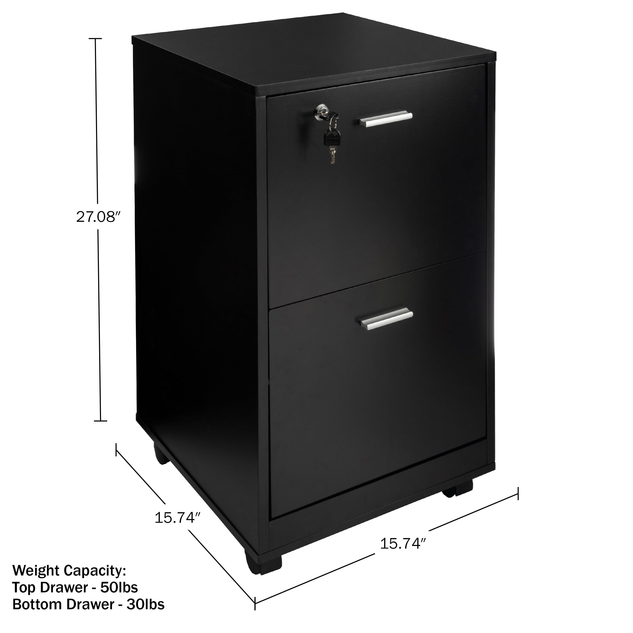Lavish Home 2-Drawer File Cabinet with Lock - Deep Storage Rolling Filing Cabinet for Under Desk, Home & Office Use - Black - Perfect for Organizing Documents, Bills, and Office Supplies in Small Spaces