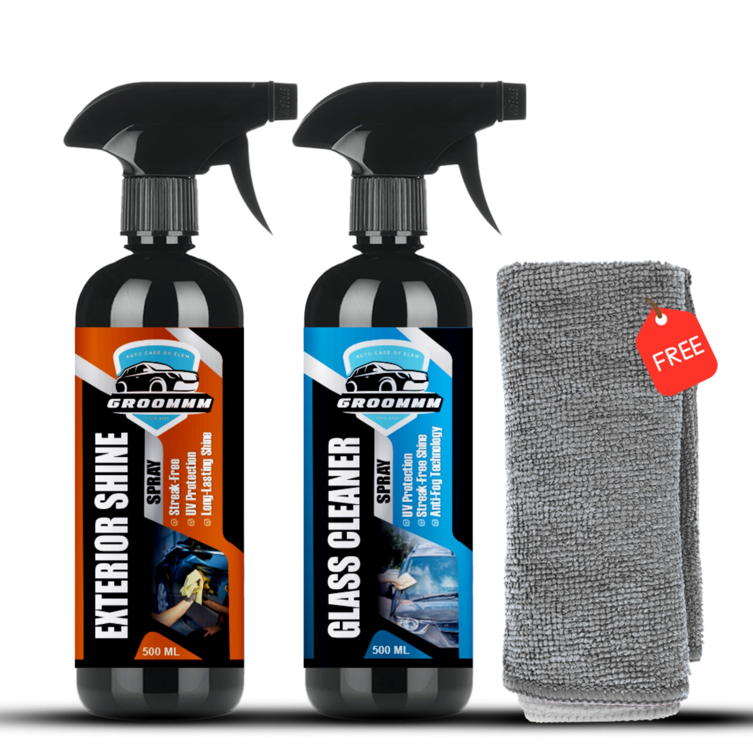 Premium Car Glass Cleaner Spray & Exterior Shine Polish (500ML X 2) - Streak-Free Windshield Cleaner, Auto Body Detailing Spray with Microfiber Cloth - Perfect for Car Wash, RV, Motorcycle & Boat Cleaning