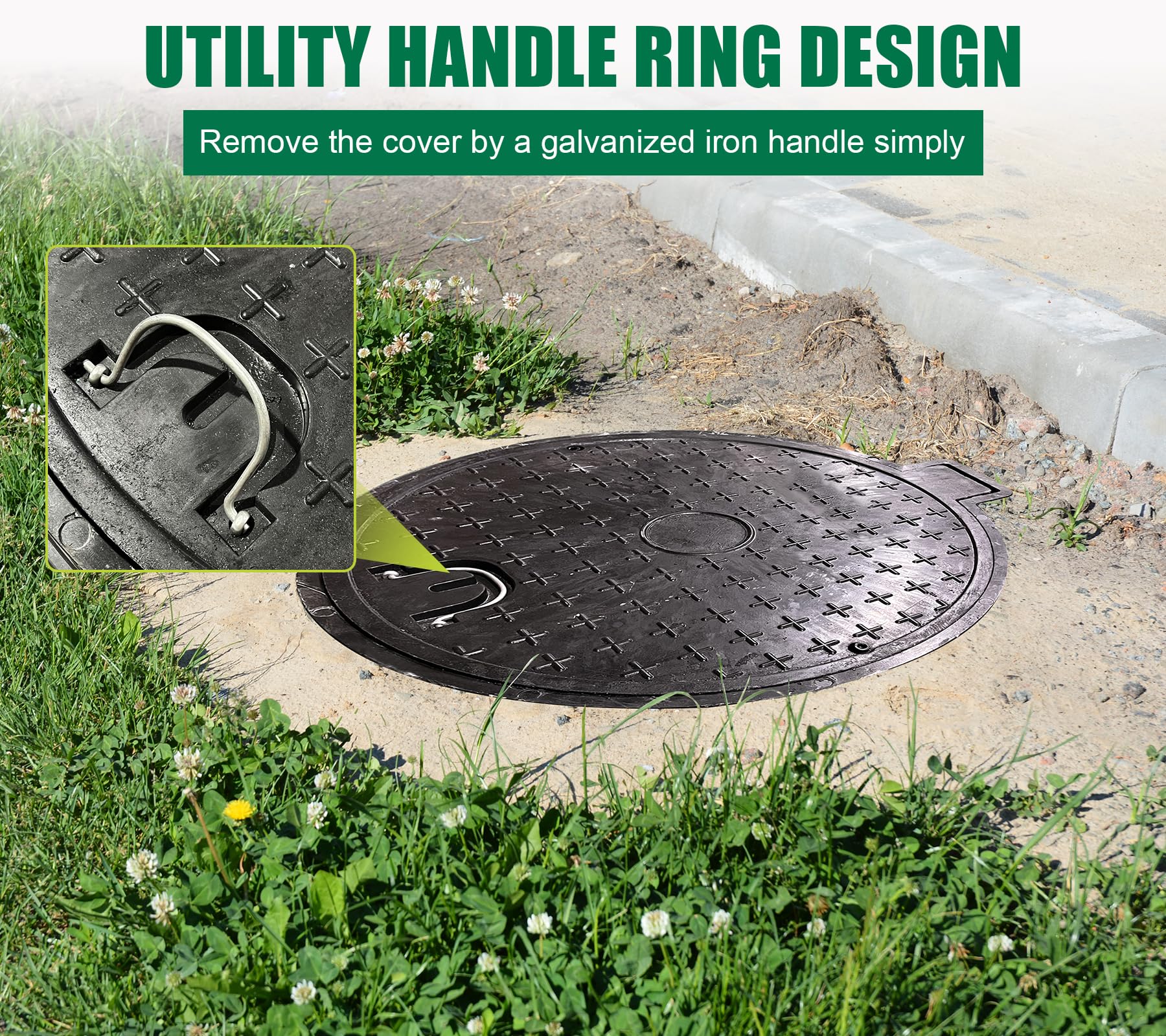 26in Fiberglass Manhole Cover with Reinforced Steel Frame - 24in Clear Opening Round Solid Top Septic Tank Lid - Bolted Down Base & Handle - Heavy Duty Sewer Cover (28in Overall Size) - Ideal for Underground Utility Access, Drainage Systems & Municipal Infrastructure