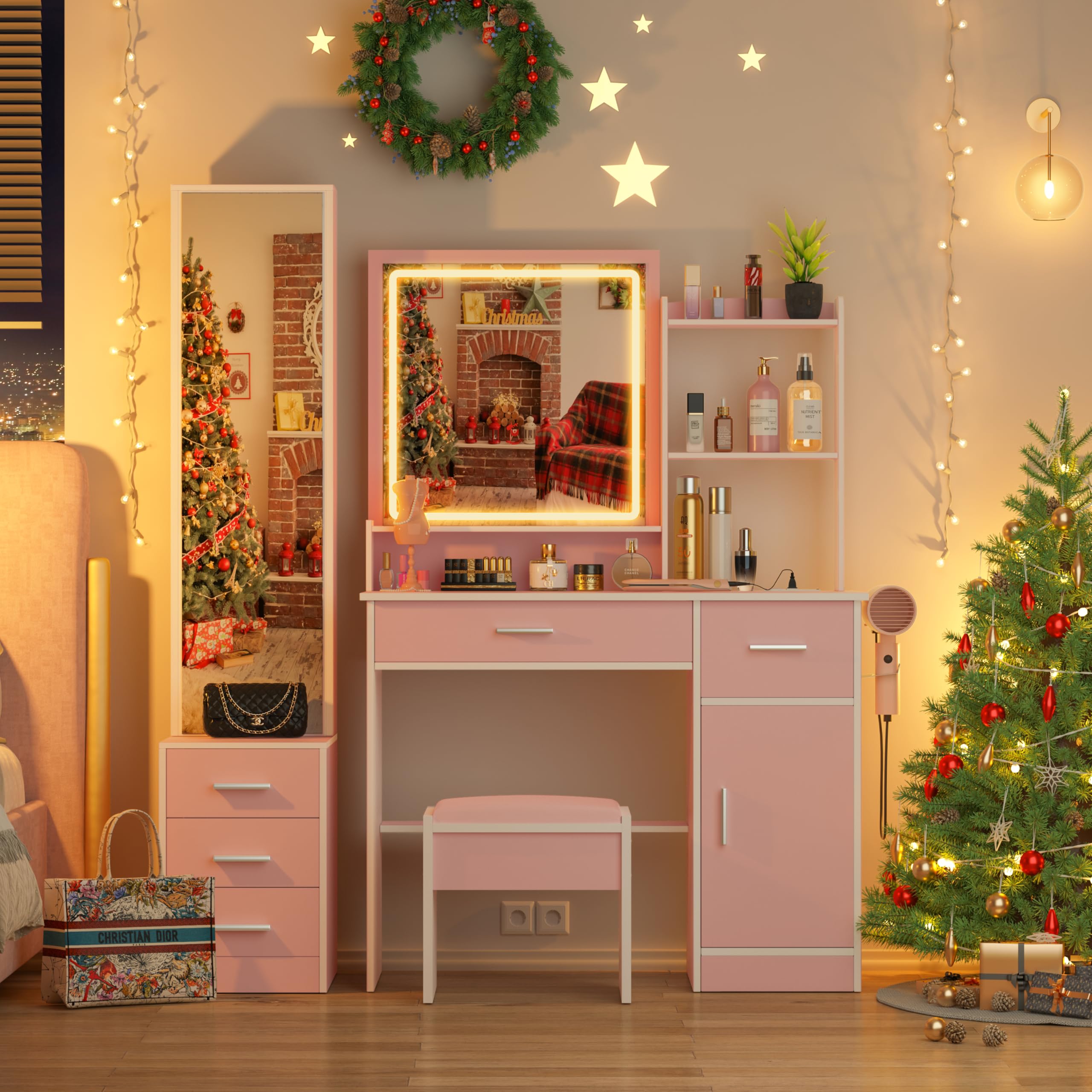 INTERGREAT Light Pink Makeup Vanity Desk with LED Lights & Full-Length Mirror, Pink Vanity Set with Power Outlet & 6 Drawers, Large Dressing Table for Women & Girls Bedroom - Perfect for Makeup Application, Jewelry Storage & Bedroom Decor