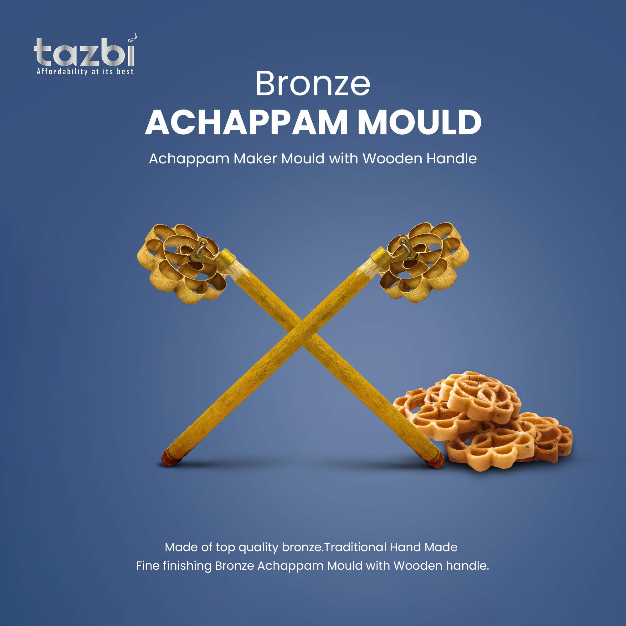 Premium Bronze Achappam Mould - Traditional Indian Cookie Maker with Wooden Handle for Perfect Achumuruku & Achappam Snacks | Ideal for Home Baking, Festive Cooking & South Asian Cuisine Preparation
