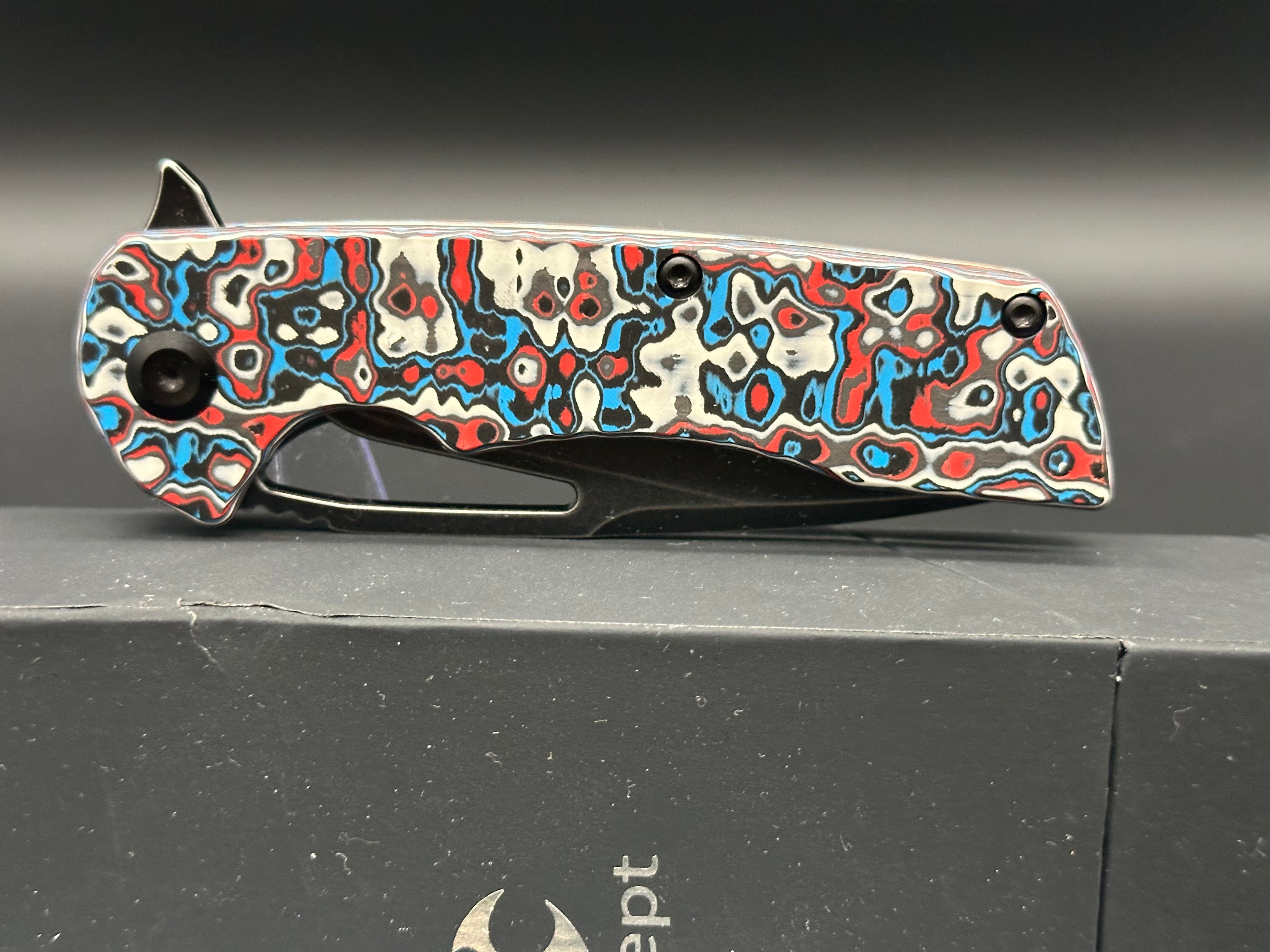 KANSEPT KRYO Folding Pocket Knife - Red/Blue/White Nebula Carbon Fiber Handle, S35VN Steel Drop Point Blade, Plain Edge Black Stonewash Finish (Model K1001M3) | EDC, Camping, Hiking & Outdoor Survival Tool