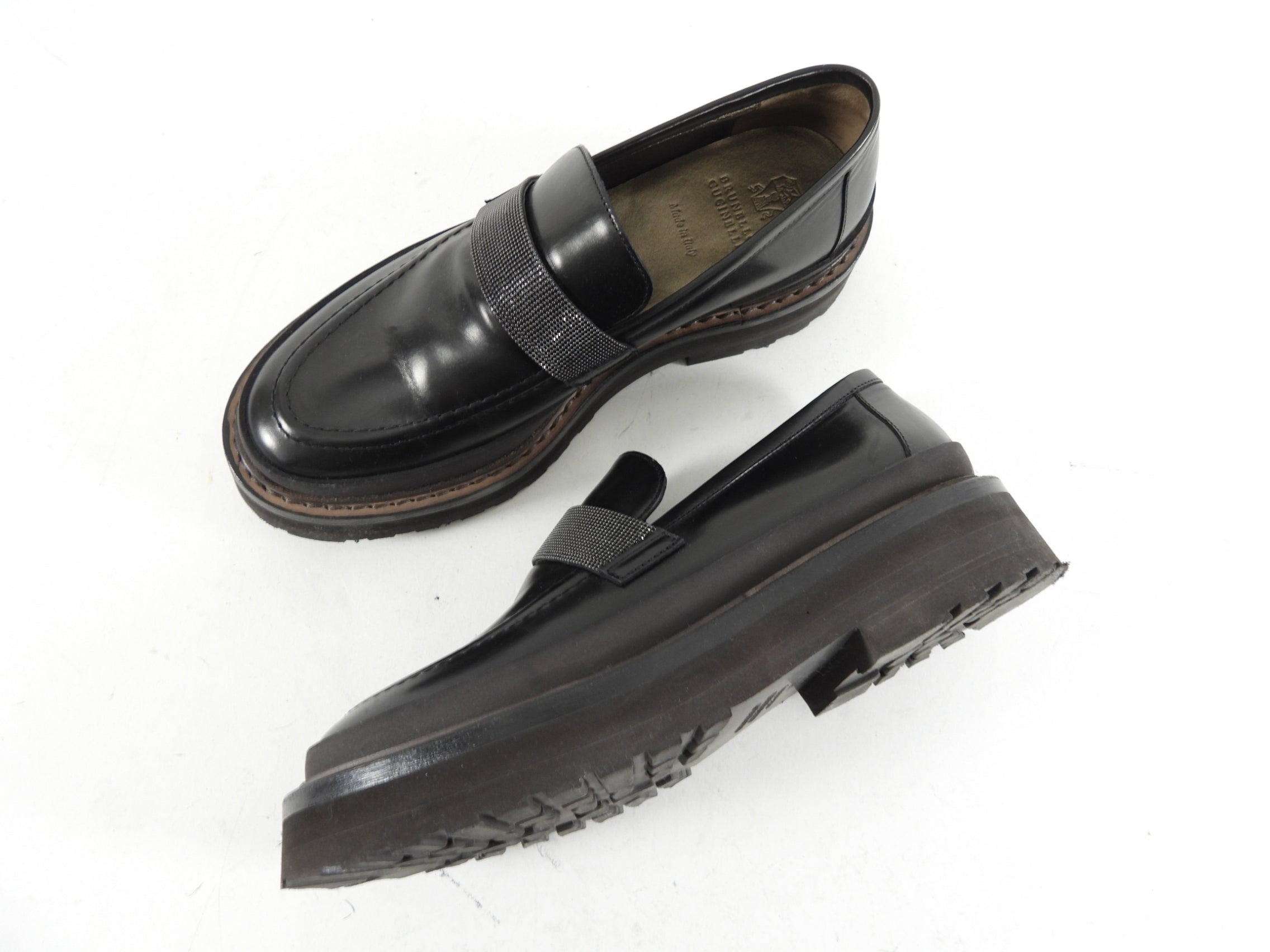 Brunello Black Leather Monili Chunky Loafer Shoes for Women - Size 36.5 / 37 EU - Comfortable Slip-On Loafers for Office, Casual Wear & Travel