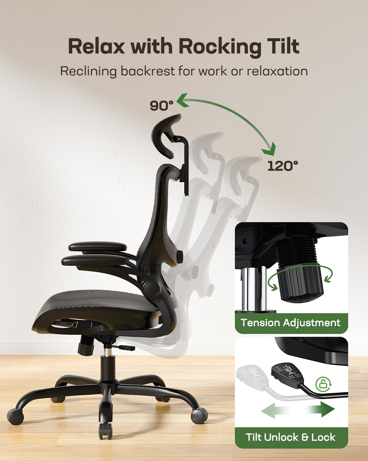 Ergonomic Mesh Office Chair with Lumbar Support - High Back Adjustable Desk Chair for Home Office & Gaming, 2D Headrest & 3D Flip-Up Armrests, Perfect for Long Work Sessions & Comfortable Gaming Setup
