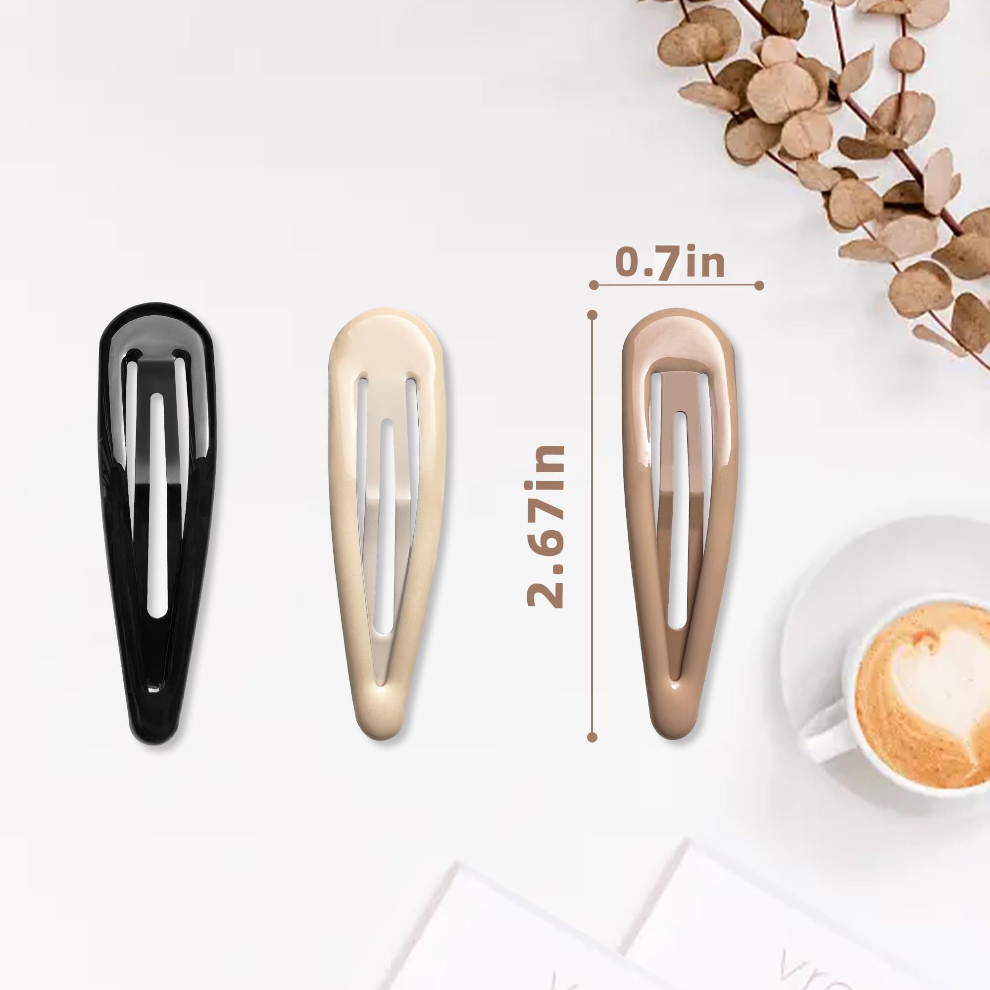 Premium Metal Snap Hair Clips - No Slip Water Drop Hair Barrettes for Women (Black, Brown, Beige) - 12 PCS Set for Thick & Thin Hair (2.67 x 0.7 Inches) - Perfect for Work, Weddings & Everyday Styling