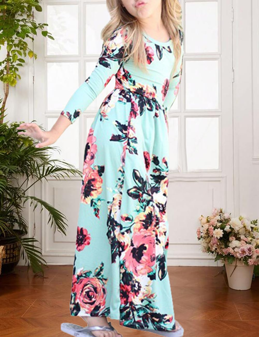 Floral Print 3/4 Sleeve Maxi Dress for Girls - Pleated Swing Long Dress with Pockets | Casual Summer Beach Wear, Vacation Outfit, Holiday Party Dress
