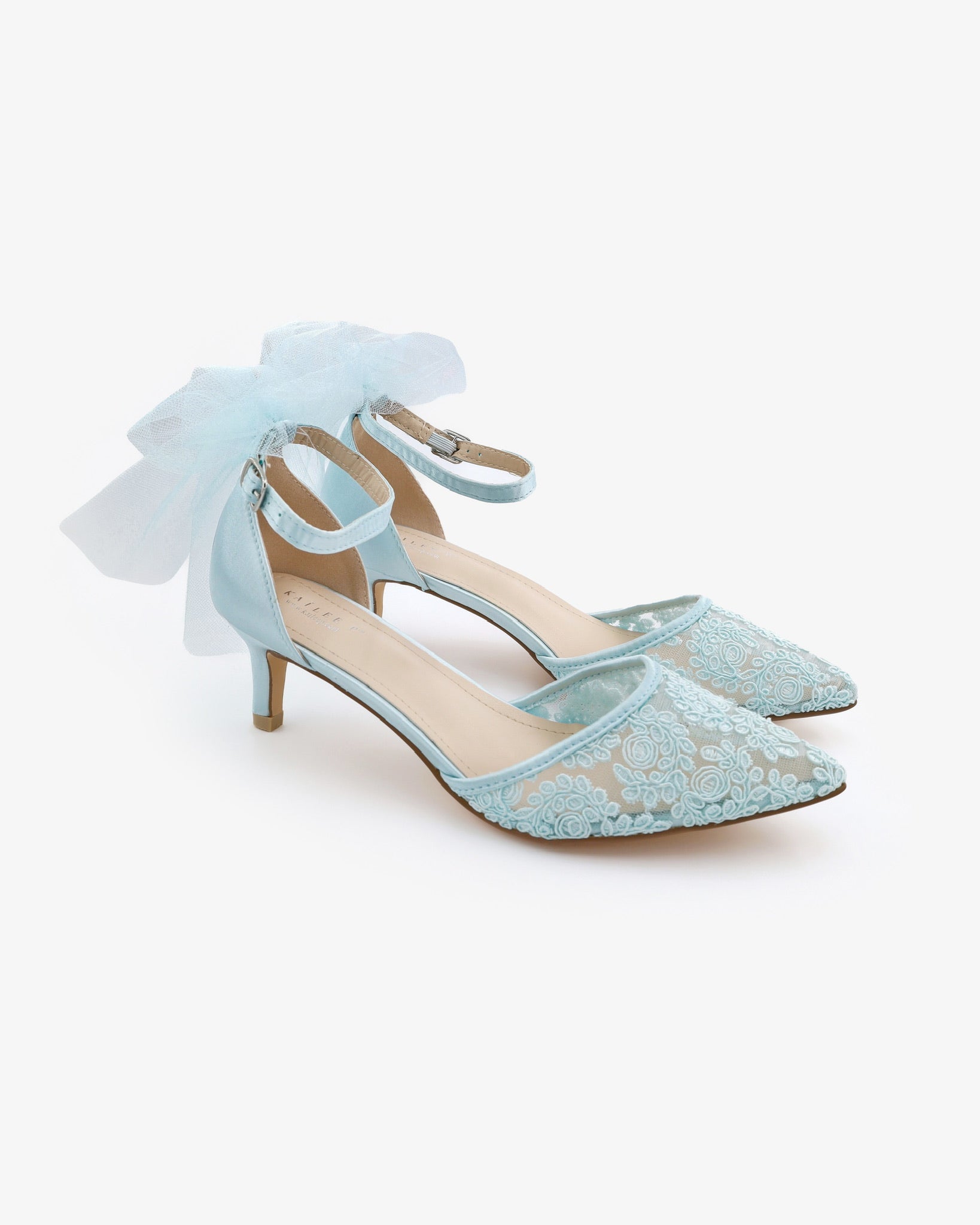 Elegant Crochet Lace Pointed Toe Wedding Kitten Heels with Tulle Bow - Perfect for Bridal, Prom, and Special Occasions