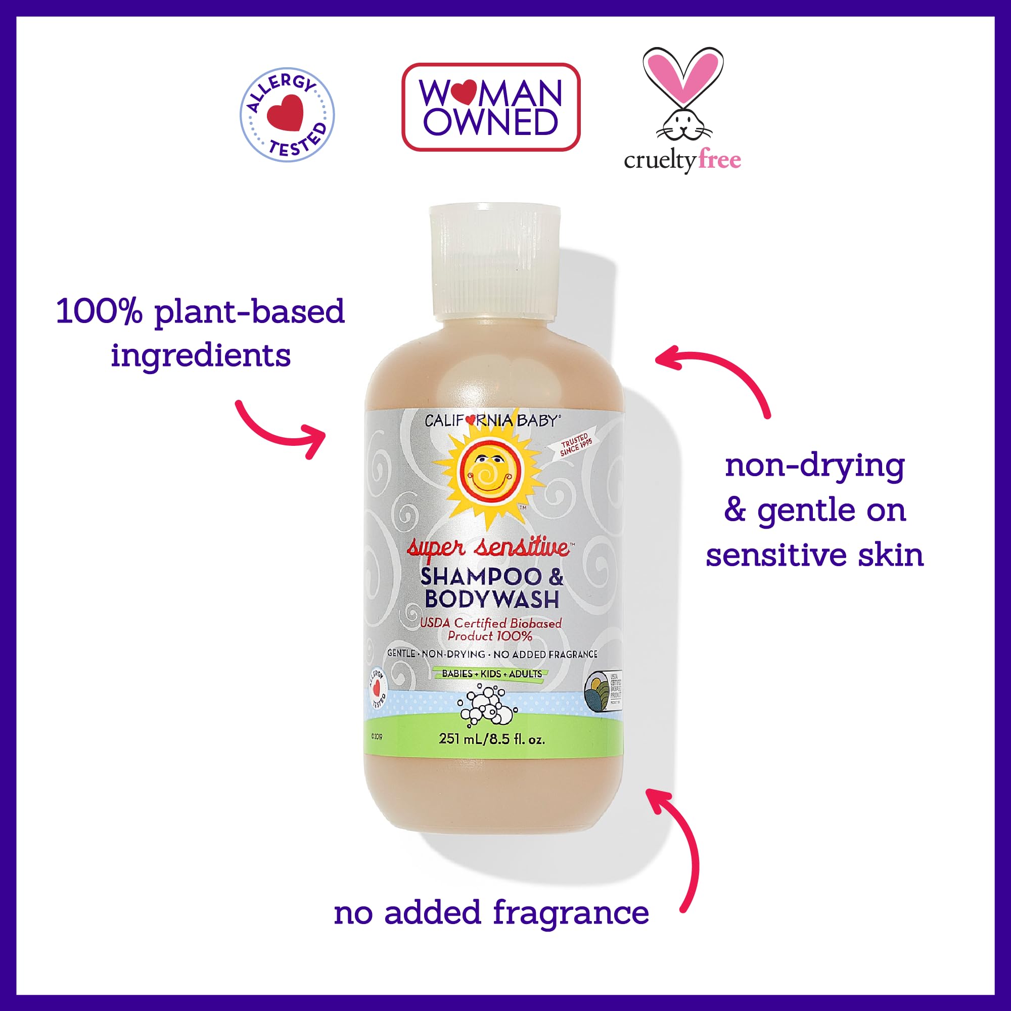 California Baby Super Sensitive Shampoo & Body Wash - 100% Plant-Based, Fragrance Free & Hypoallergenic Baby Wash (8.5 oz) - Gentle Cleanser for Newborns, Eczema & Sensitive Skin - Perfect for Bath Time & Daily Baby Care Routine