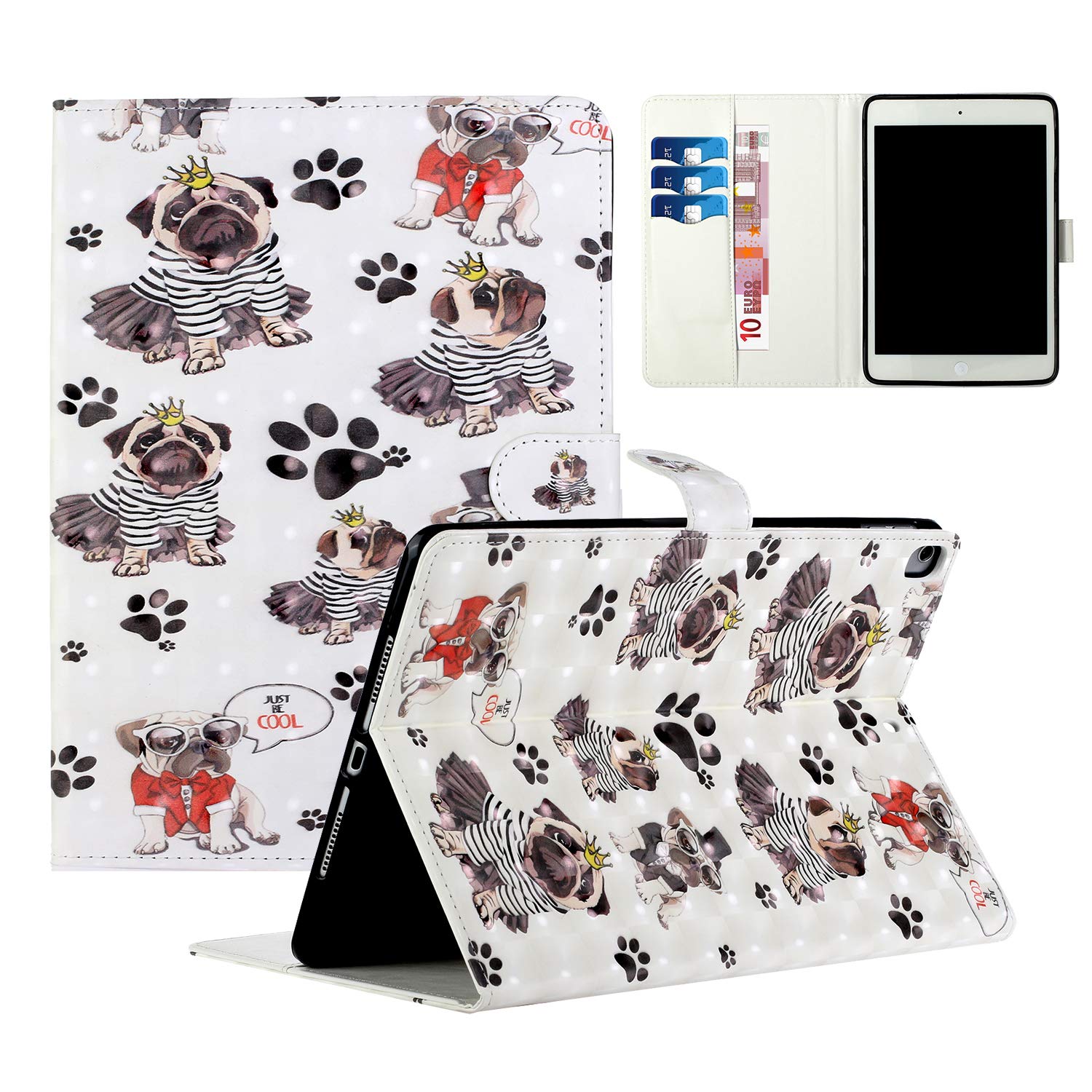 Premium PU Leather iPad Case for Apple iPad 10.2 (9th/8th/7th Gen 2021/2020/2019), iPad Air 10.5 (3rd Gen) & iPad Pro 10.5 (2017) - Auto Wake/Sleep, Adjustable Stand & Pug Dog Design - Perfect for Work, Study & Travel Protection