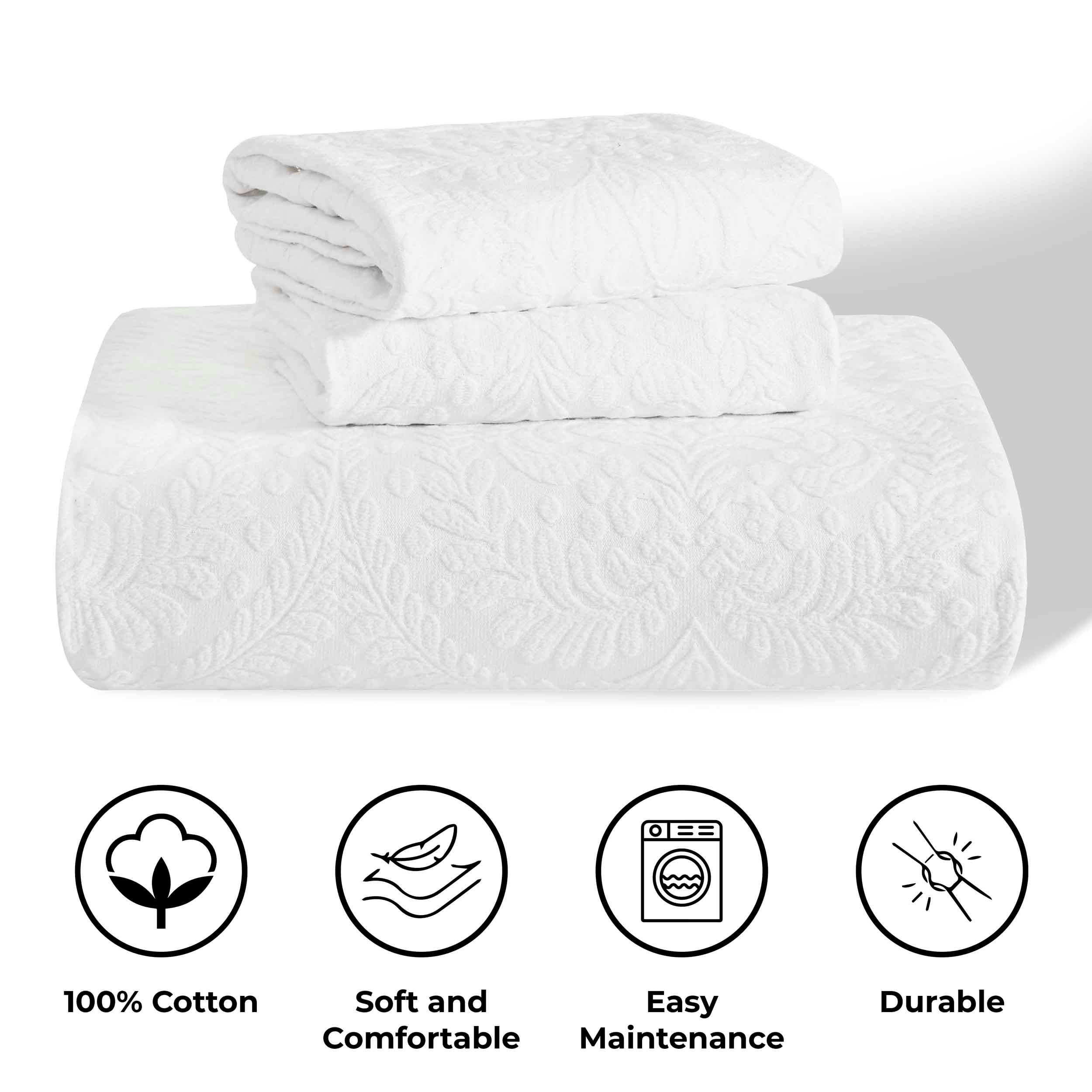 Premium Aspen Cotton Blend Jacquard Woven Floral Bedspread Set with Scalloped Edges - Queen Size Luxury Bedding for Master Bedroom & Guest Room Decor