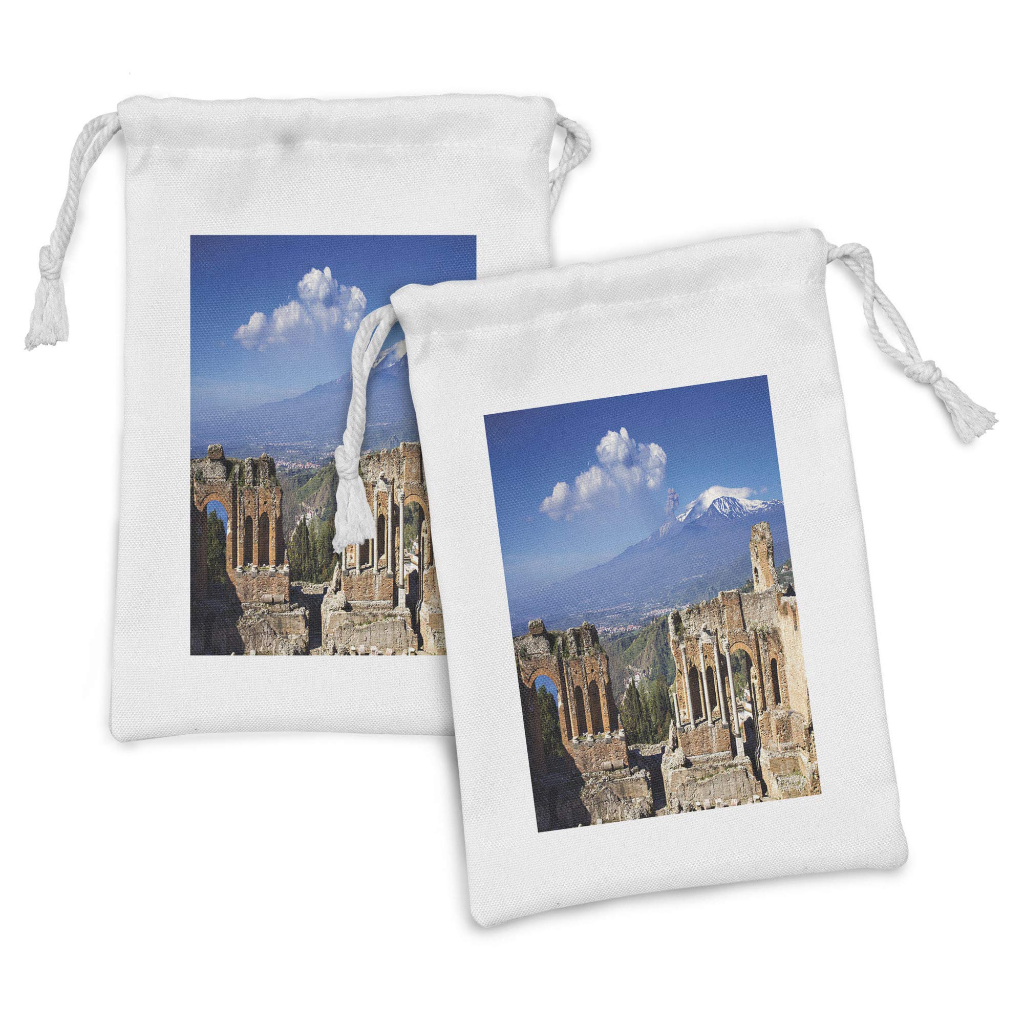Ambesonne Sicily Fabric Pouch Set of 2 - Greek Roman Theater Ruins & Mount Etna Eruption Landscape Print - 9