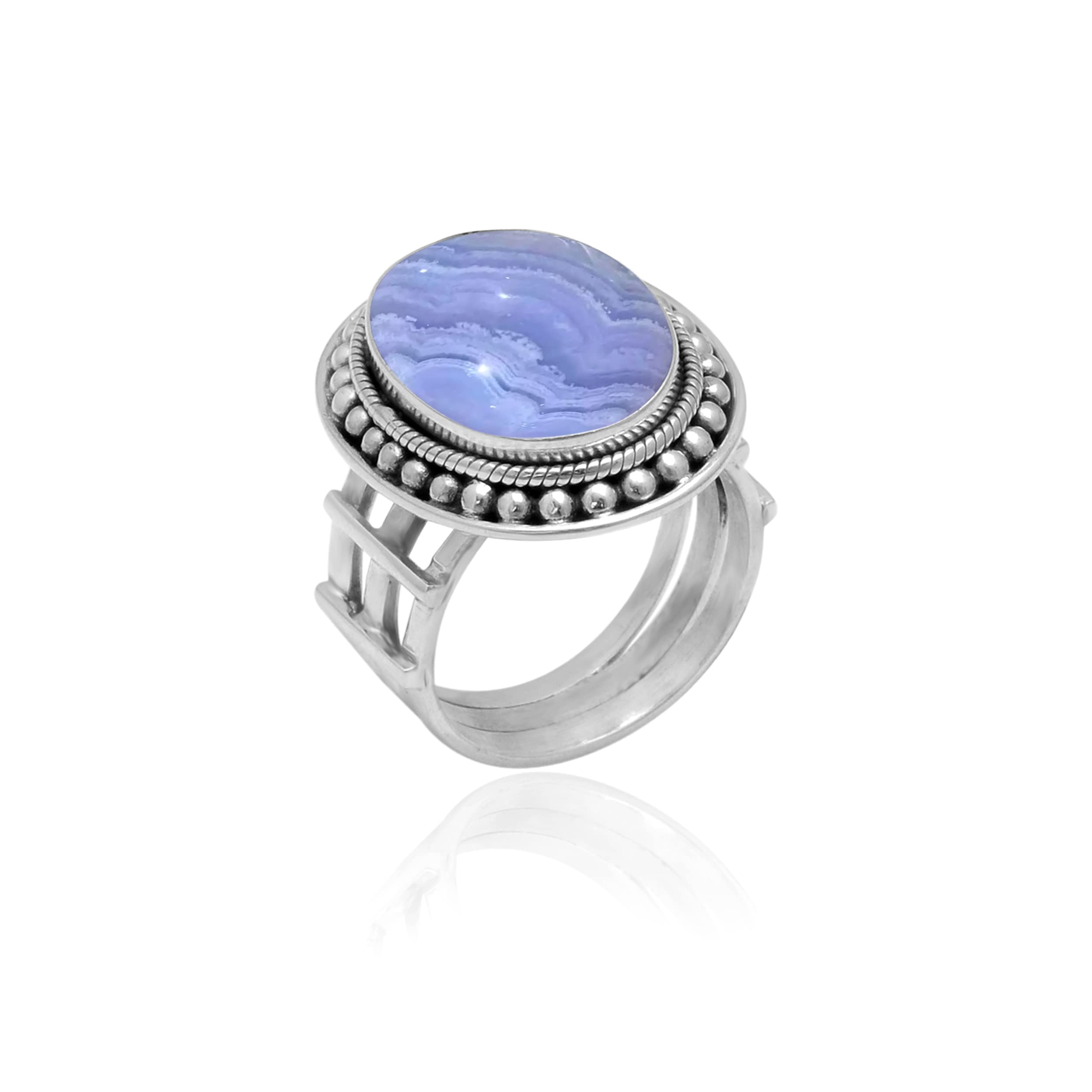 Veracity Jewelry Blue Lace Agate Ring for Women - 925 Sterling Silver Healing Meditation Ring with Natural Blue White Gemstone - Elegant Designer Jewelry Gift for Meditation, Yoga & Spiritual Healing (VSR-32)