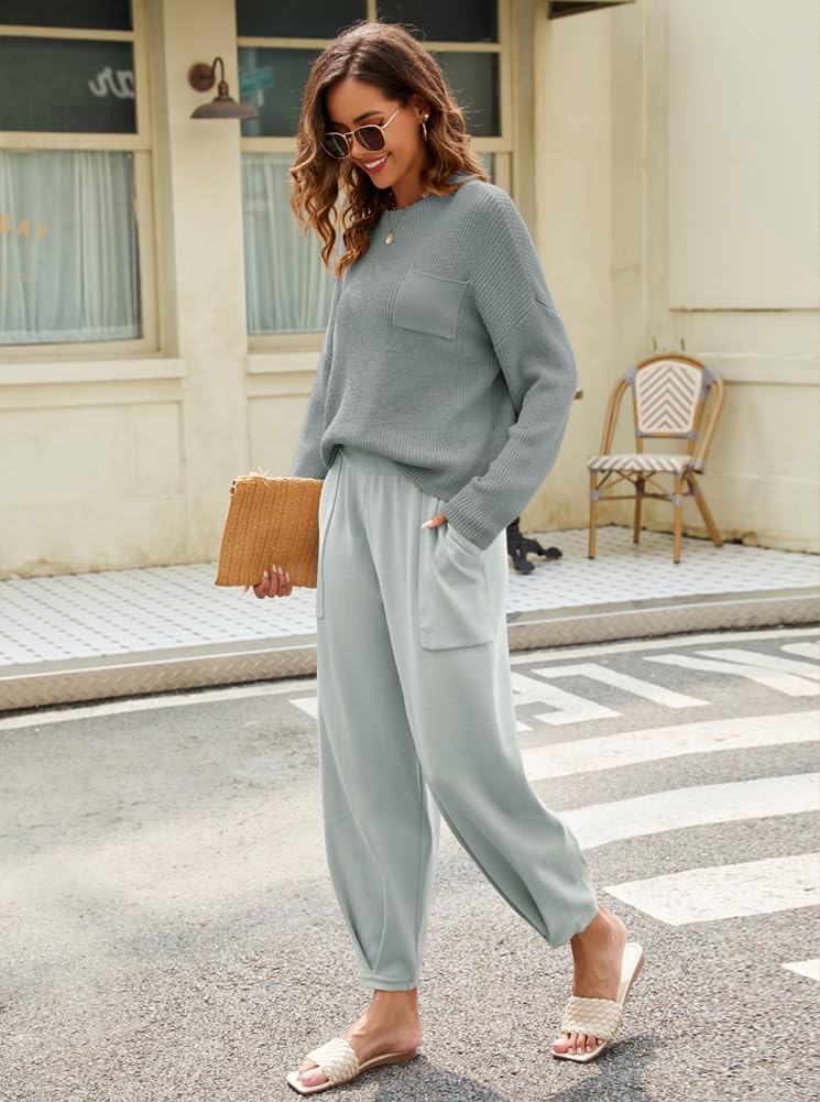 Women's Two Piece Outfits - Long Sleeve Knit Pullover Sweater & High Waisted Lounge Pants Set | Cozy Winter Tracksuit for Casual Wear, Home Relaxing & Street Fashion