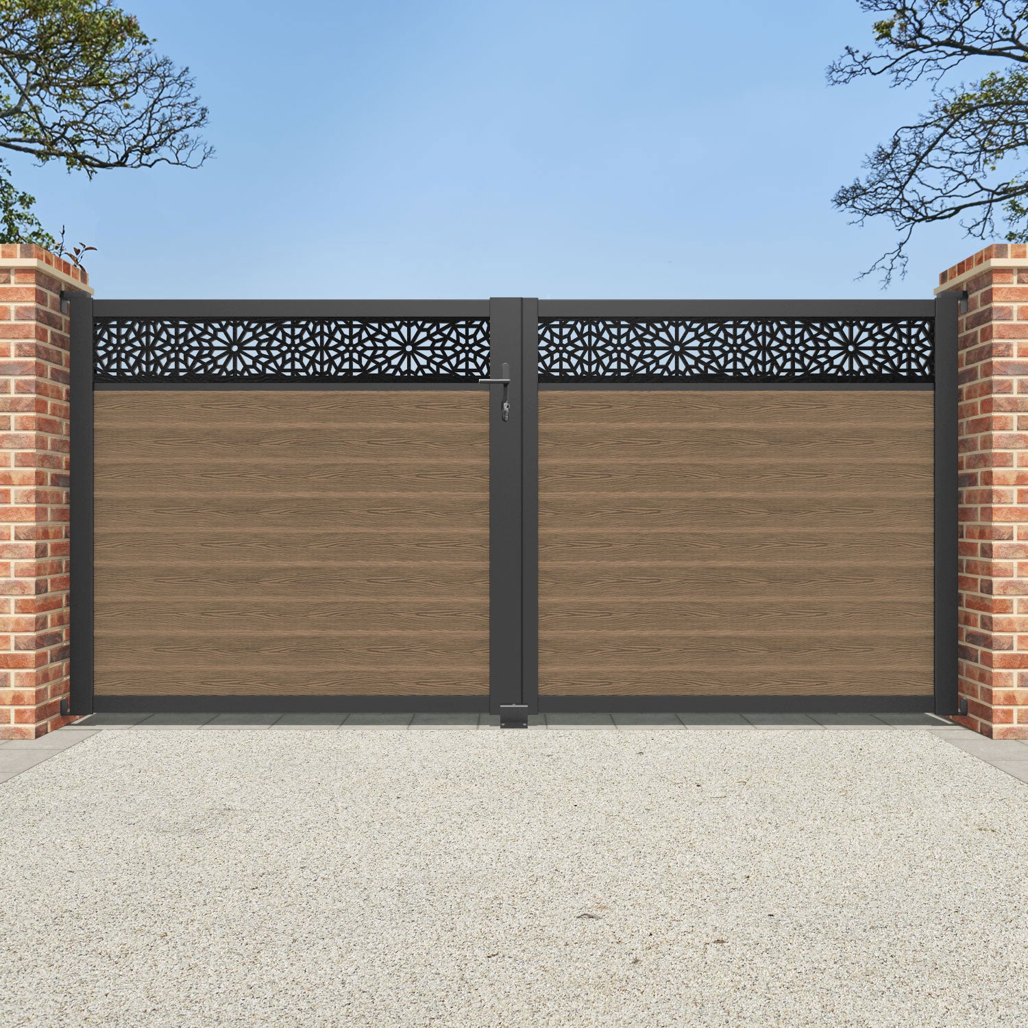 Classic Alnara Straight Top Driveway Gate - Premium Teak Wood with Top Screen - Perfect for Residential Driveway Security & Privacy