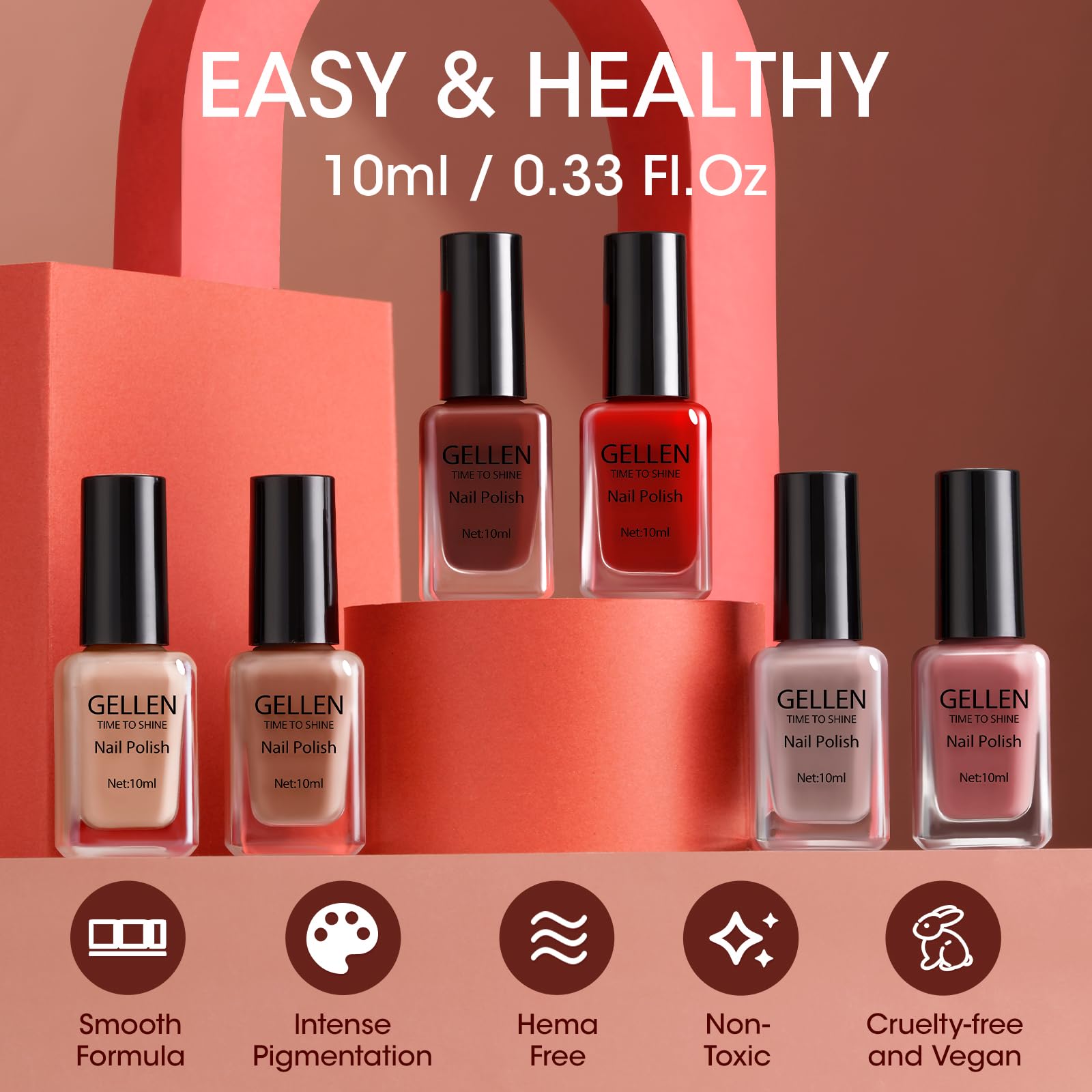 Gellen Nail Polish Set - 6 Quick Dry Warm Colors Nail Polish Kit for DIY Manicure, No UV Light Needed (0.33 fl.oz) | Perfect for Home Salon, Seasonal Nail Art in Spring, Summer, Fall & Winter