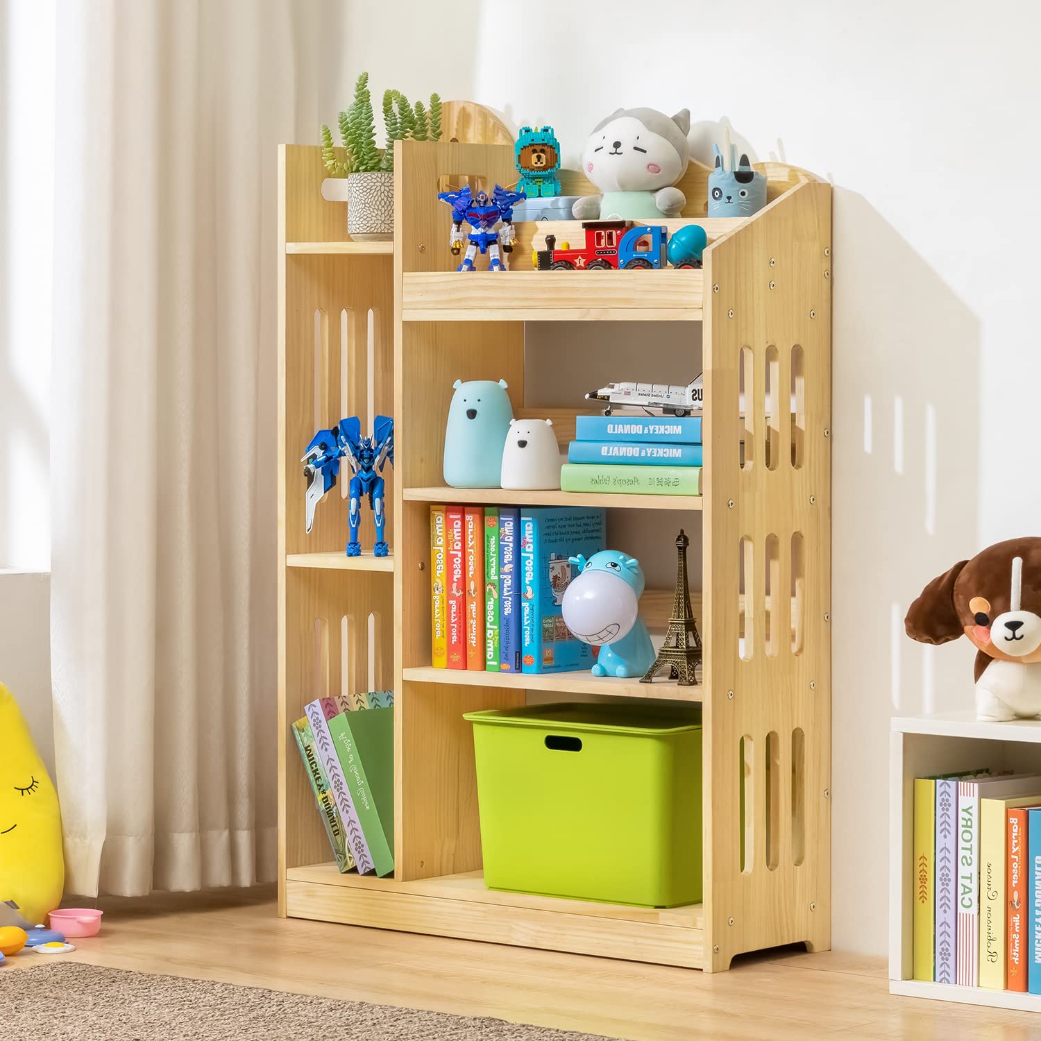 MoNiBloom Wooden Bookshelf with Organizer - Multifunctional Storage Cabinet for Small Spaces, Playroom & Bedroom - Natural Finish Display Shelf for Books, Toys & Home Decor | Perfect for Kids Room Organization & Compact Living Spaces
