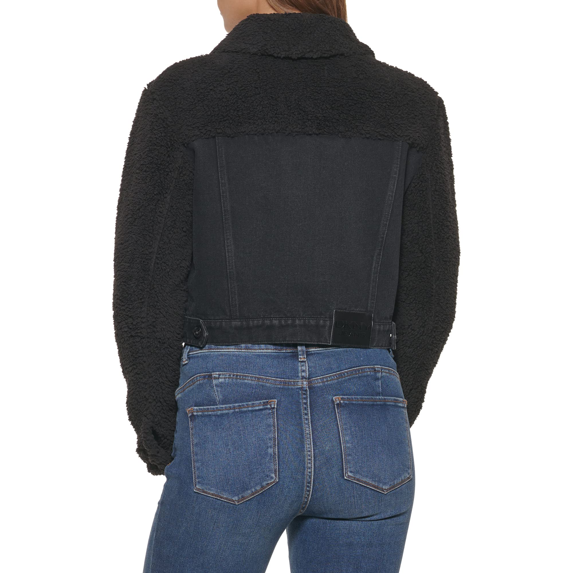 DKNY Women's Black Denim Jacket with Faux Fur Collar - Stylish X-Large Winter Coat for Casual Outings & Streetwear Fashion