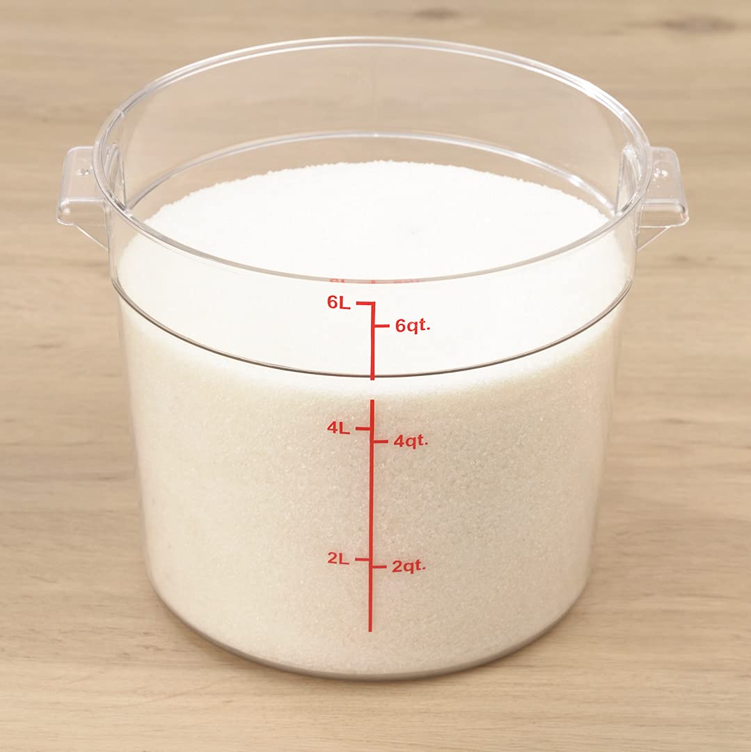 Restaurantware Met Lux 6 Quart Clear Plastic Food Storage Containers - 10 Pack Round Commercial Food Prep Buckets with Volume Markers (Lids Sold Separately) for Kitchen, Restaurant, and Catering Use - Space-Saving Storage Solution