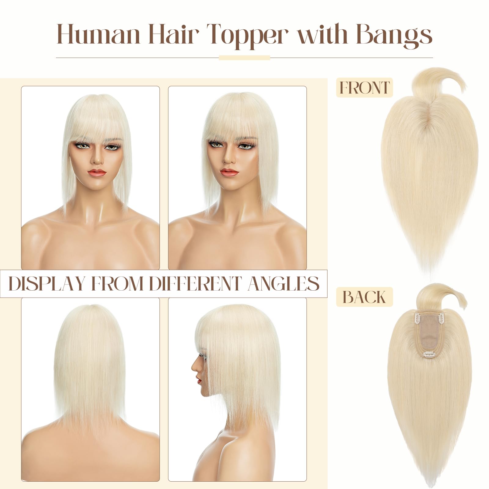 100% Real Human Hair Toppers for Women - Handmade Clip-In Hair Extensions for Thinning Hair | 14'' Middle Part Platinum Blonde #60 (44g) | Perfect for Daily Wear, Special Occasions & Hair Volume Enhancement