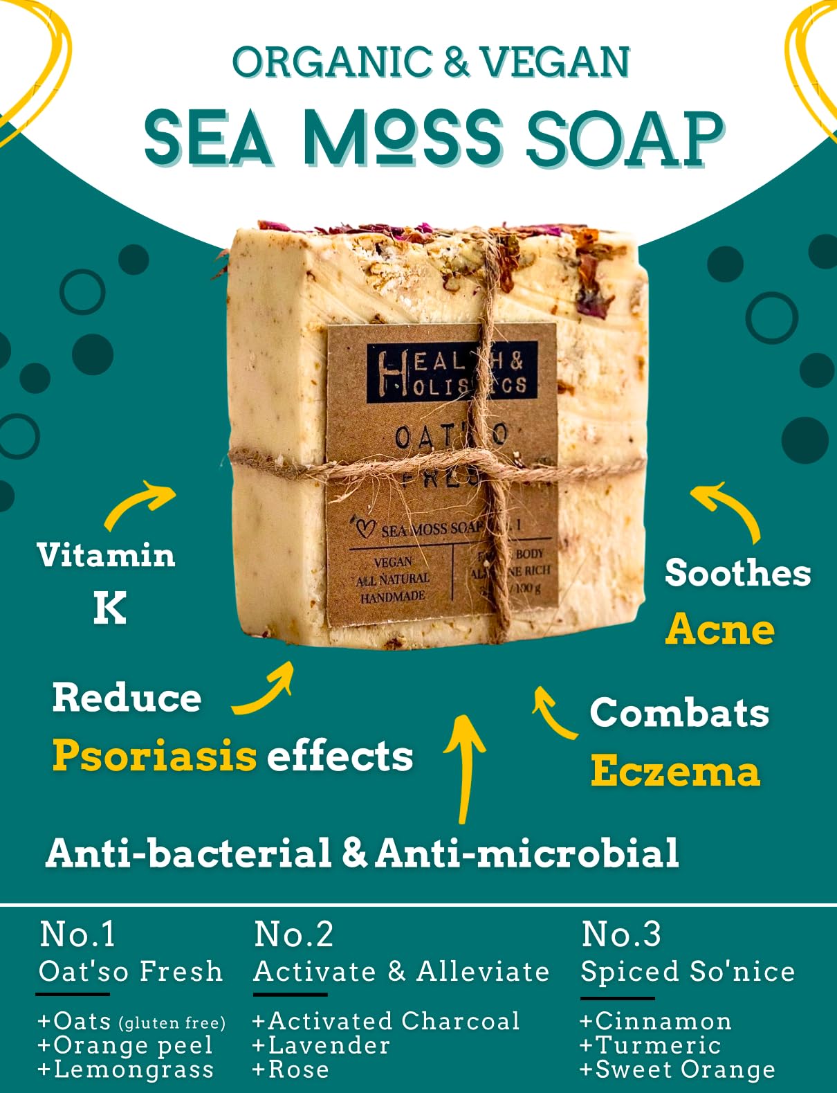 Organic Vegan Sea Moss Soap (3-Pack) - Oat'so Fresh with Lemongrass & Orange Peel | Handcrafted Eco-Friendly Soap Bars | UK Tested | Perfect for Sensitive Skin & Daily Body Care