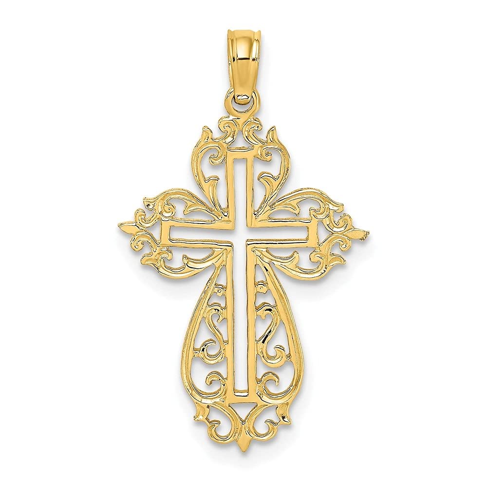 14K Yellow Gold Cut-Out Scroll Framed Cross Charm Pendant Necklace for Women - 22.3mm x 16mm - Elegant Religious Jewelry Gift for Baptism, Confirmation & Everyday Wear
