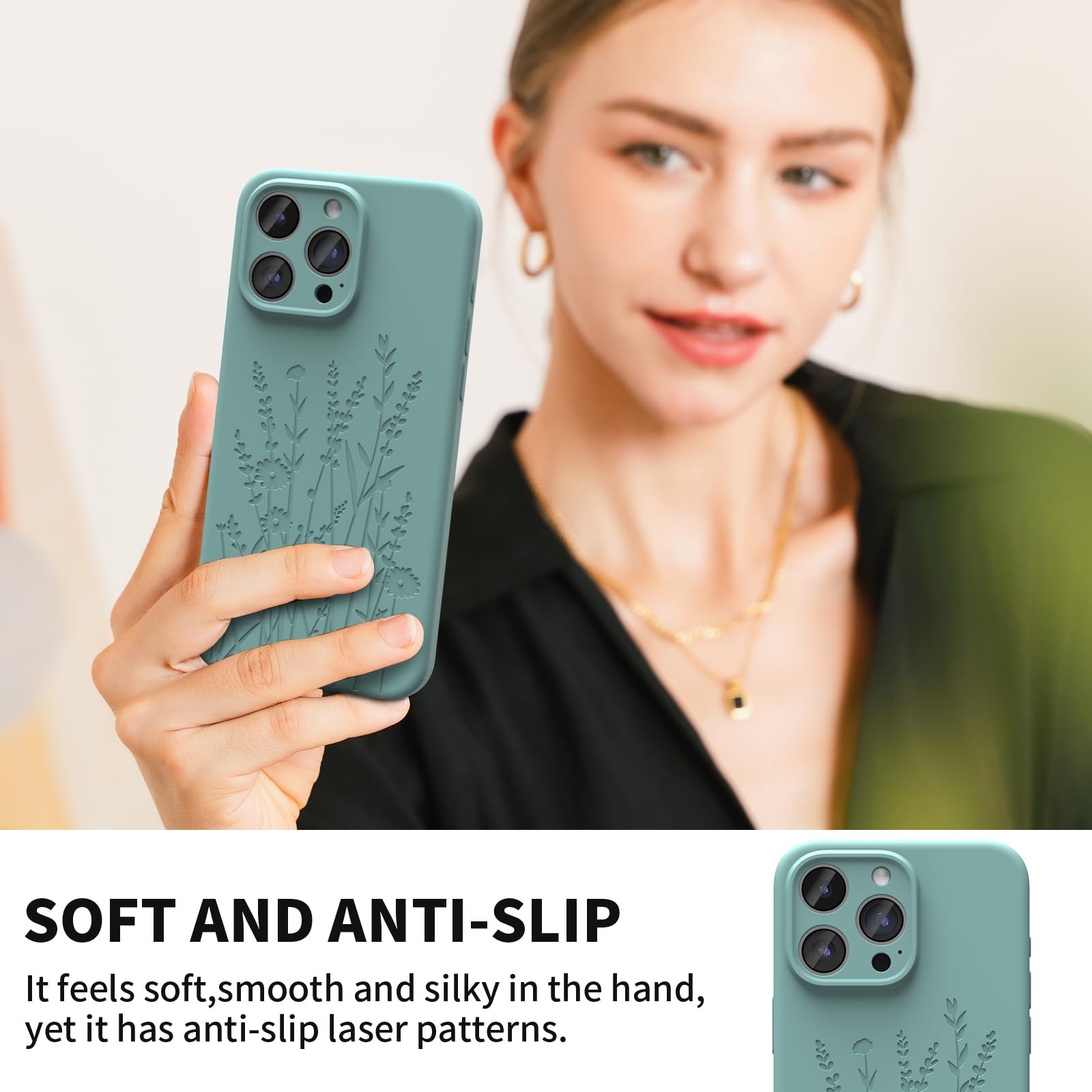 Magnetic Engraved iPhone 15 Pro Case with Magsafe Compatibility | Slim Liquid Silicone Phone Cover with All-Round Camera Protection | Elegant Midnight Green Floral Design for Women & Girls | Perfect for Everyday Use, Work & Travel Protection