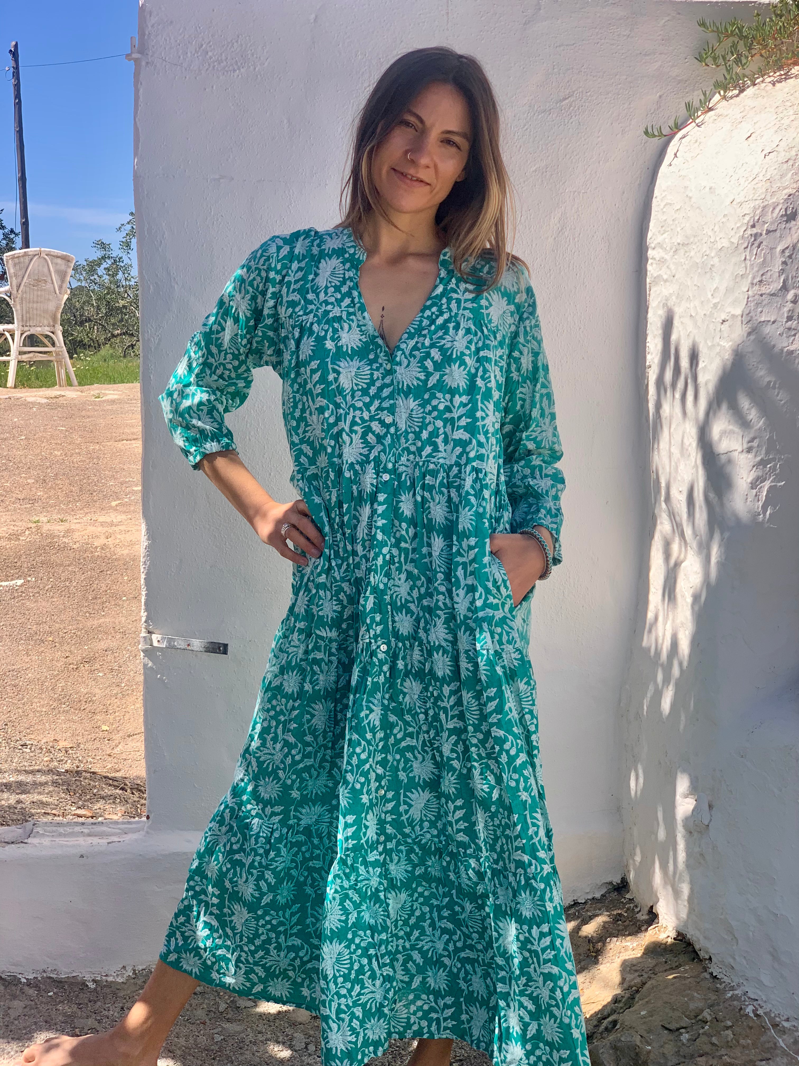 Turquoise Green Hawa Mahal Kaftan Dress for Women - Boho Chic Beach Cover Up, Resort Wear for Formentera Vacations & Summer Getaways