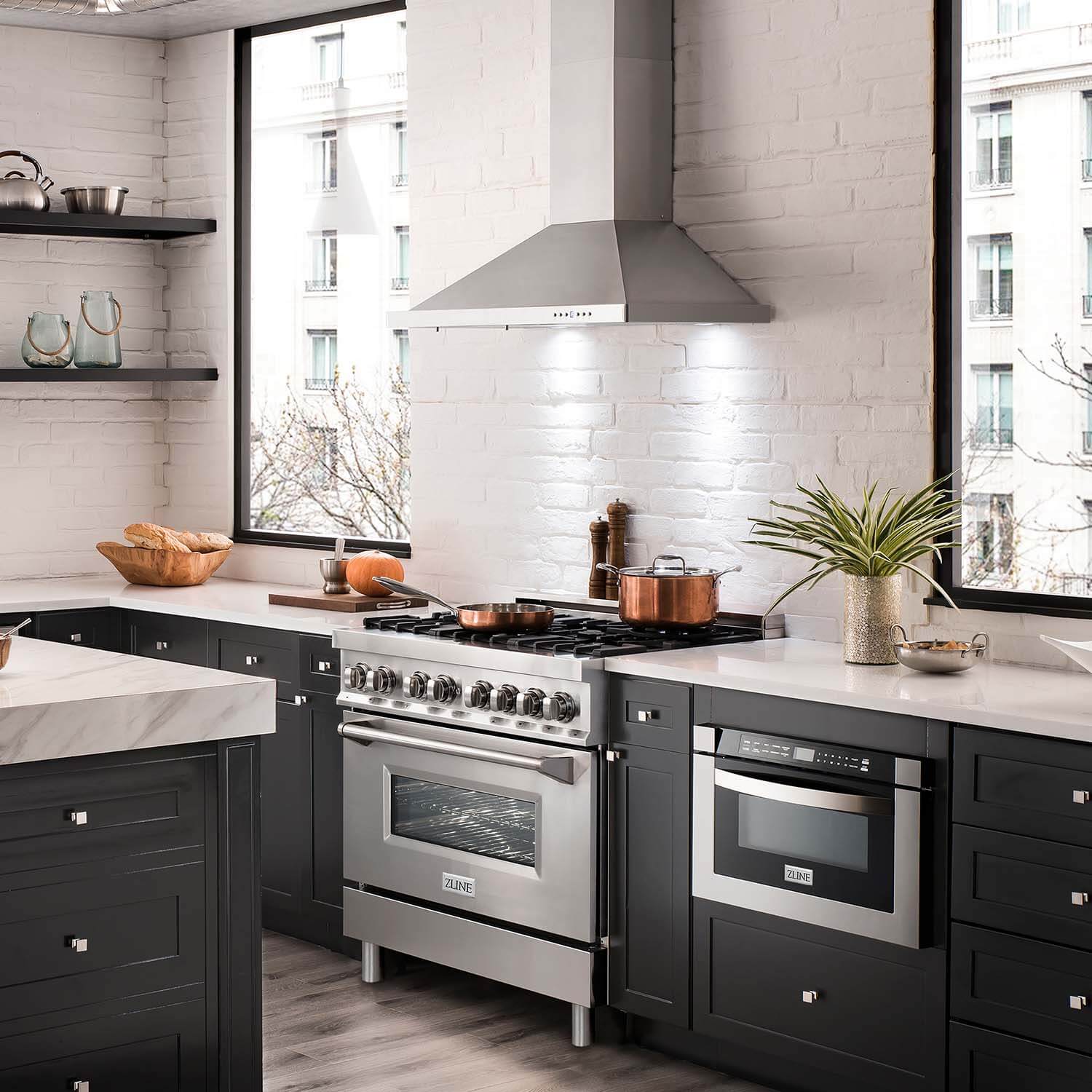 ZLINE 36 Inch Stainless Steel Dual Fuel Range Kitchen Package with Convertible Vent Hood & Microwave Drawer (3KP RARH36 MW) - Perfect for Modern Kitchens, Home Renovations & Professional Chefs