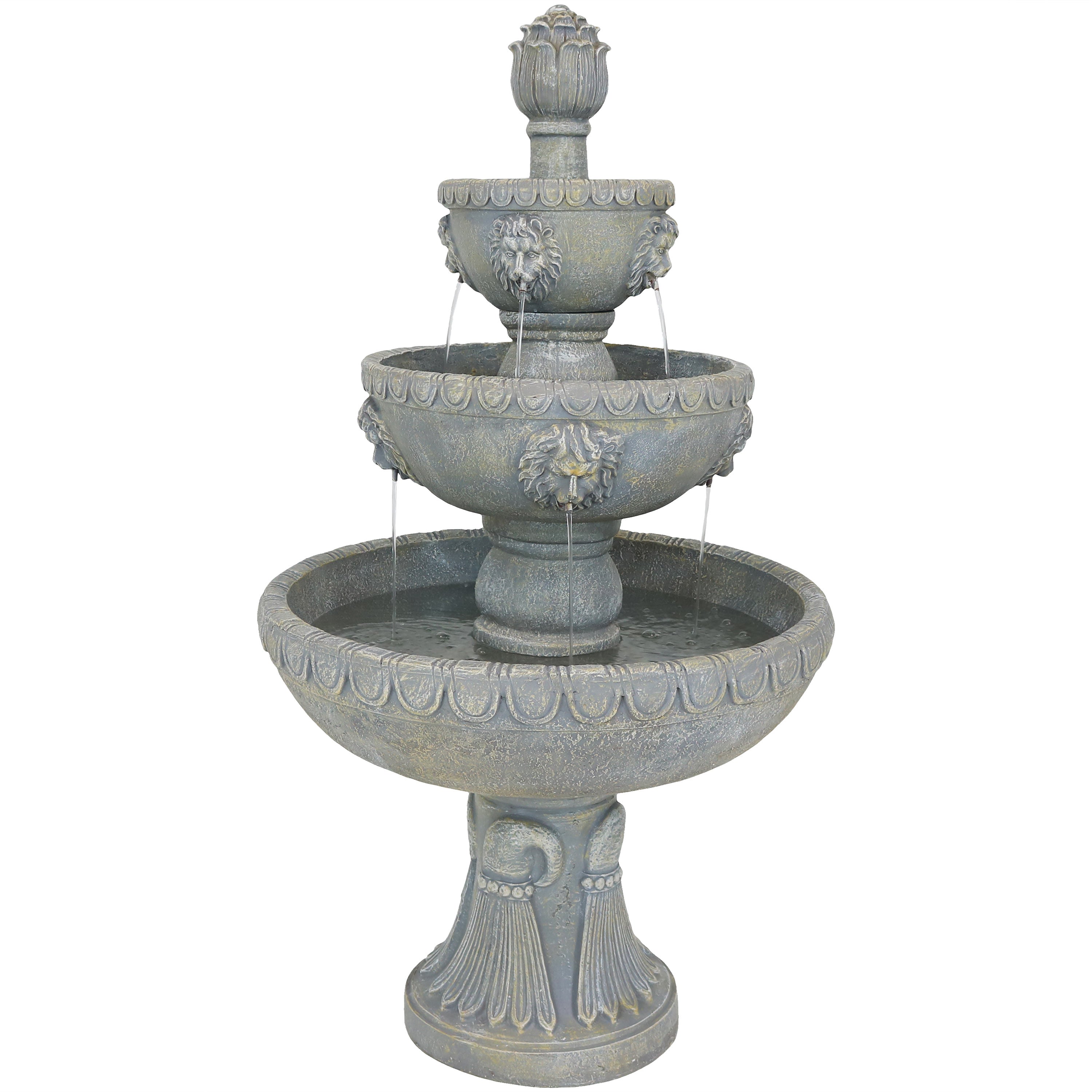 Sunnydaze 3-Tier Lion Head Outdoor Water Fountain with Electric Pump - Perfect for Garden, Patio, and Backyard Decor