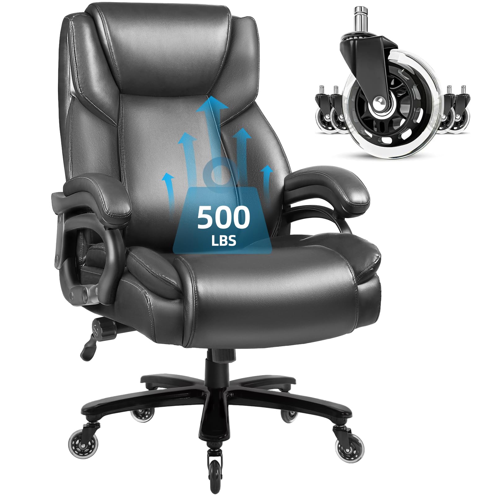 VITESSE 500lbs Heavy Duty Ergonomic Office Chair for Big & Tall - High Back Executive Chair with Lumbar Support for Back Pain Relief, Quiet Rubber Wheels (Grey) - Perfect for Long Work Hours & Home Office