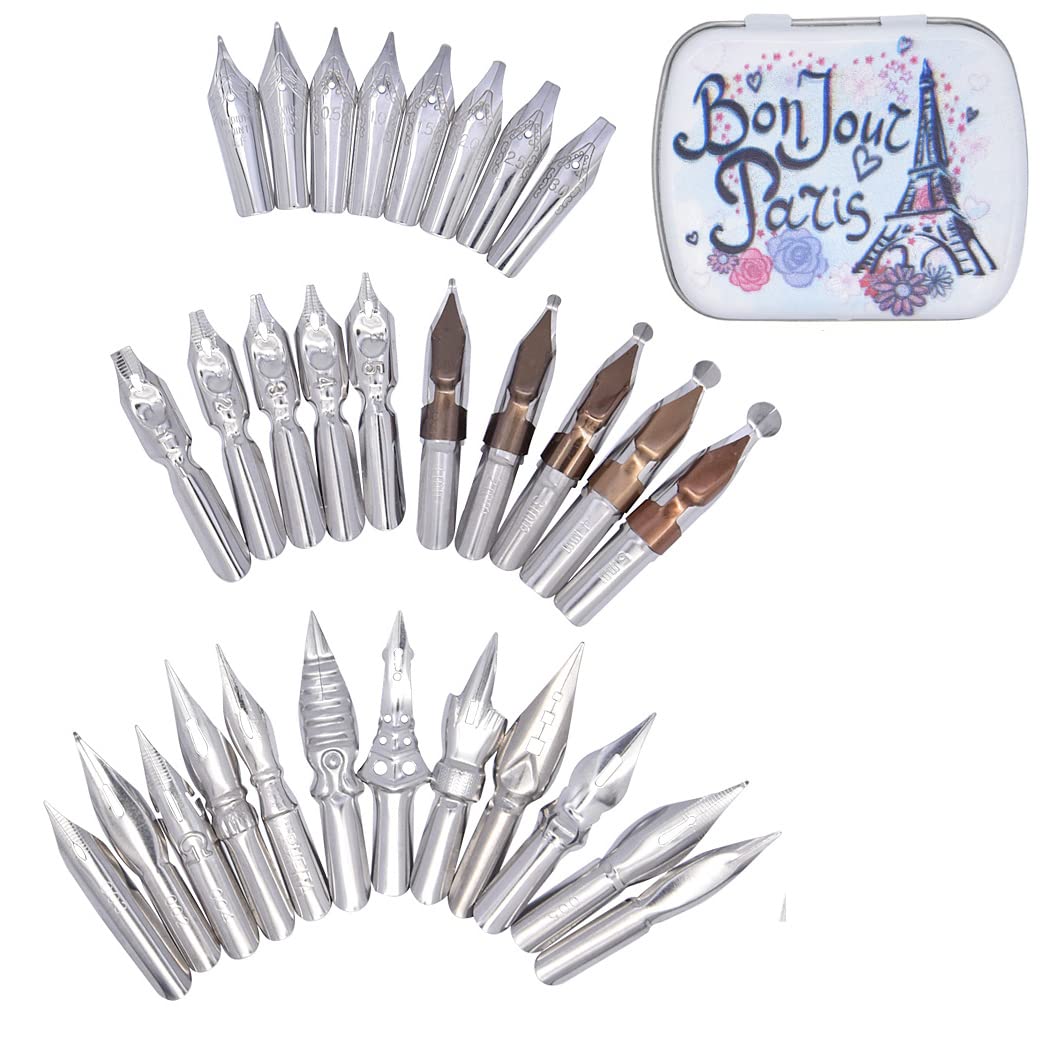 30 Pcs Stainless Steel Comic Pen Nibs - Calligraphy & Manga Drawing Dip Pen Nib Set with Steel Storage Box (Eiffel Tower Design) - Perfect for Artists, Illustrators & Hand Lettering Enthusiasts