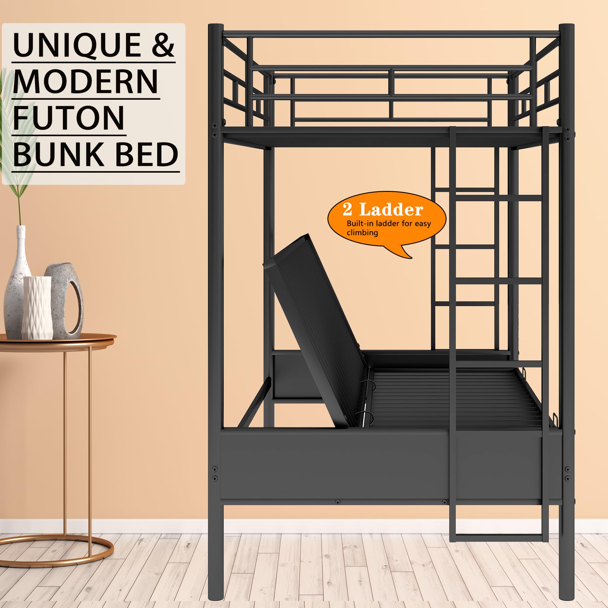 Twin Over Full Metal Bunk Bed with Convertible Futon Couch - Sturdy Steel Foldable Sofa Bed for Kids, Teens & Adults | Guardrails & Ladder Included | Perfect for Small Spaces, Guest Rooms & Dormitories