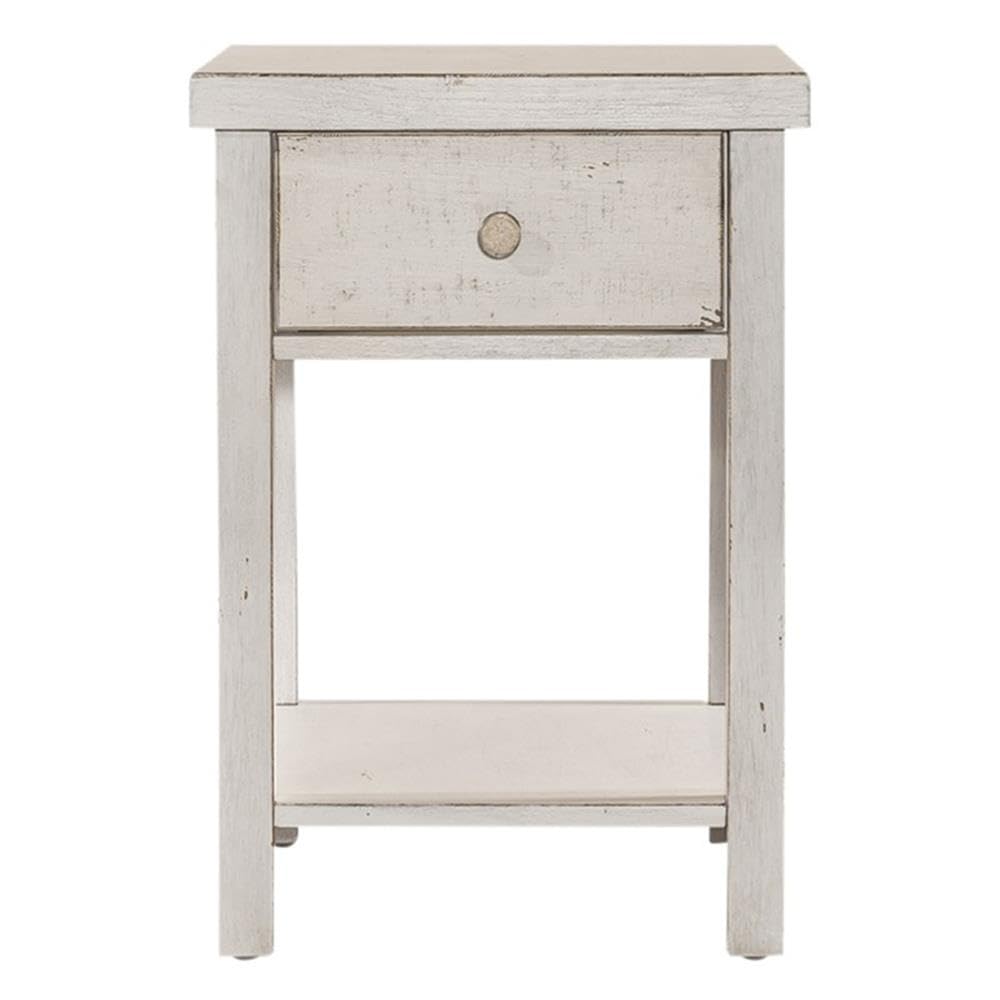 Modern Farmhouse White Drawer Side Table - Nightstand or Accent Table for Bedroom, Living Room & Office - Rustic Home Decor with Storage Drawer