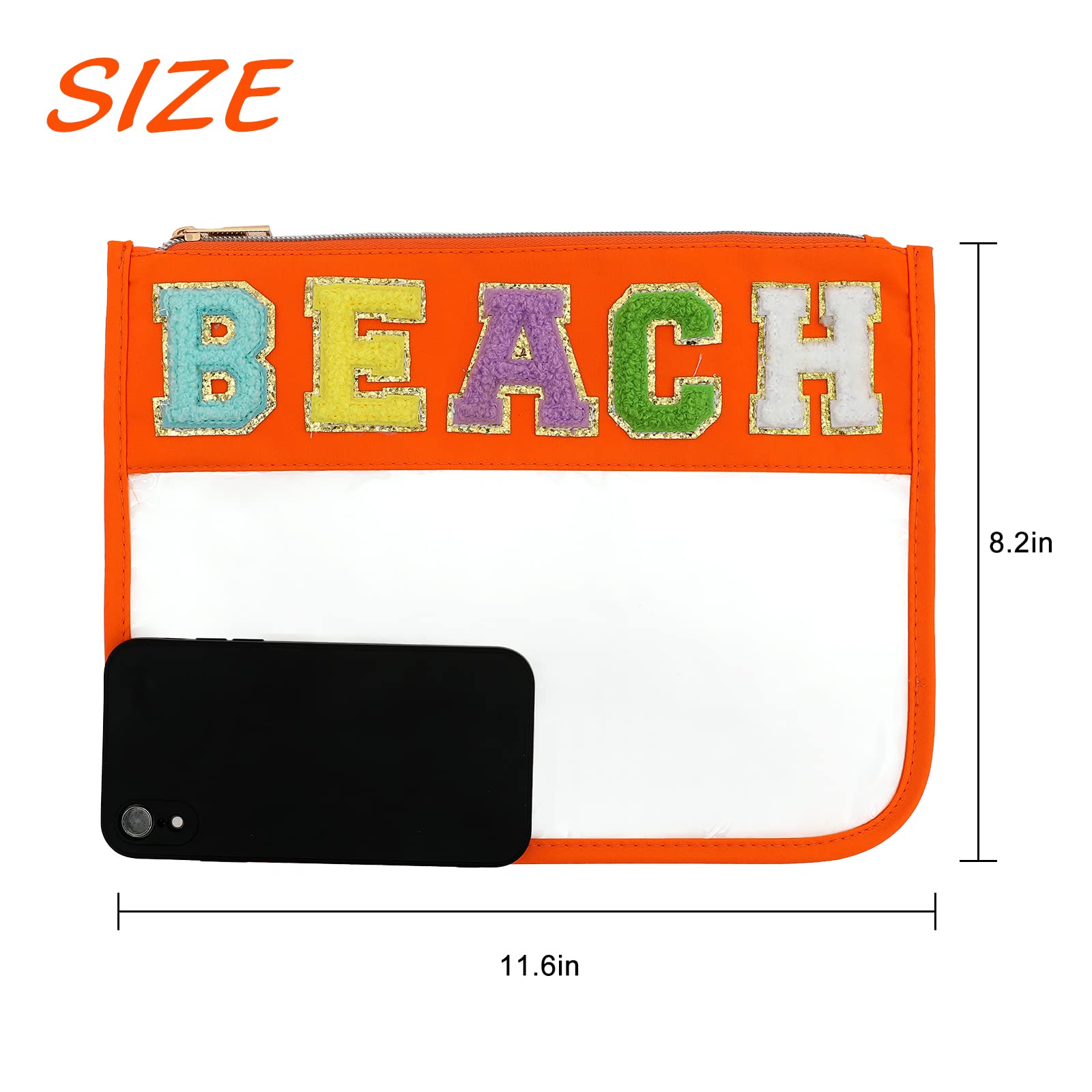 BCRMPT Chenille Letter Clear Flat Pouch - Multi-Purpose PVC & Nylon Cosmetic Bag with Zipper for Women | Waterproof Travel Makeup Organizer | Perfect for Gym, Beach, School & Daily Essentials (Tangerine-Beach)