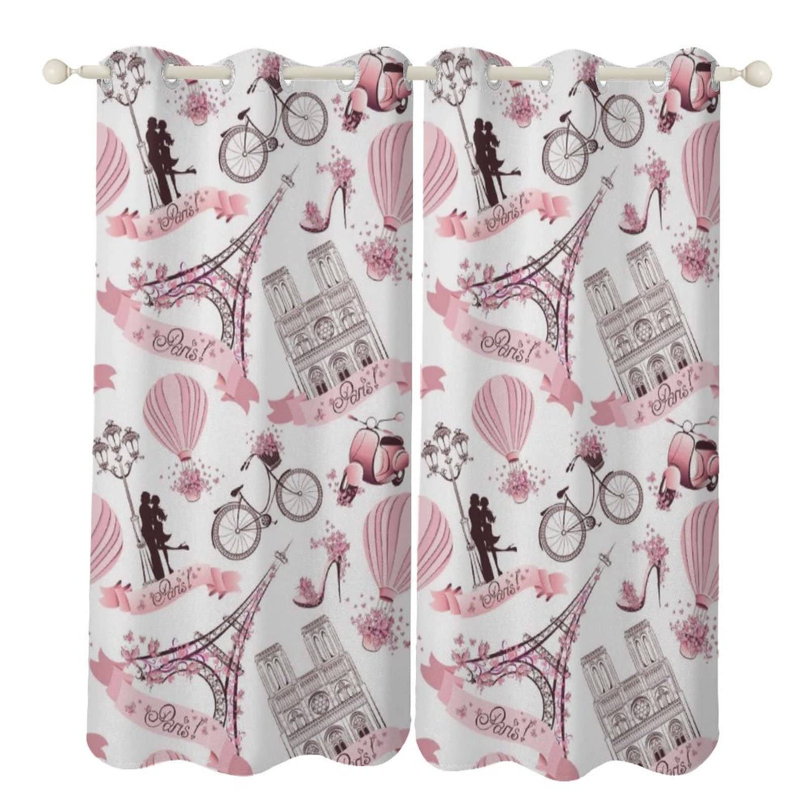 MORFIEHOME Blackout Thermal Insulated Window Curtains - Paris Symbols Romantic Travel Lovers Design, Grommet Top Room Darkening Drapes for Living Room, Bedroom & Kitchen (2 Panels, 72x63 Inches) - Perfect for Home Decor, Light Blocking & Temperature Control
