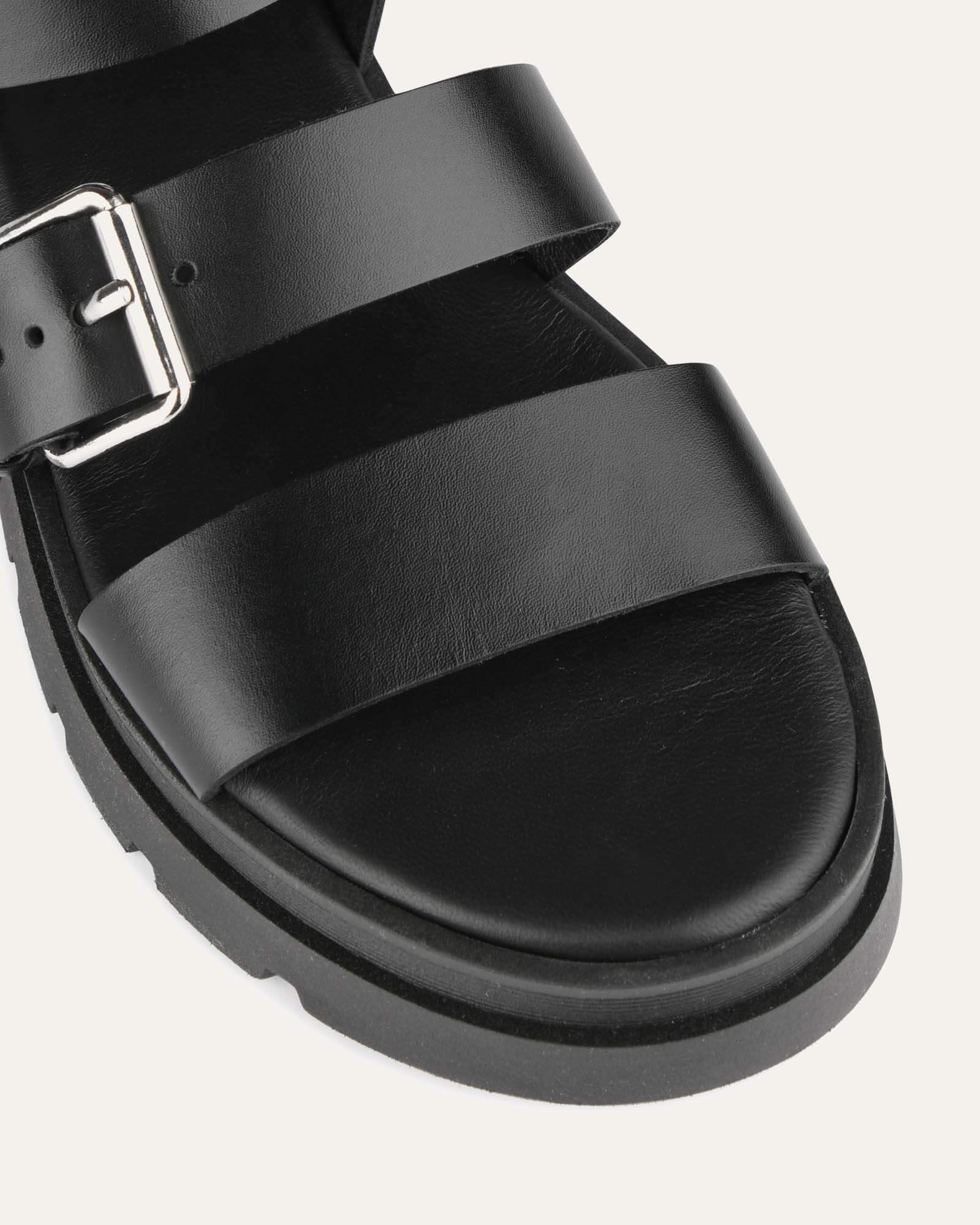 GIA Flat Sandals for Women - Black Leather Comfortable Slip-On Sandals | Casual Summer Shoes for Beach, Walking & Outdoor Activities