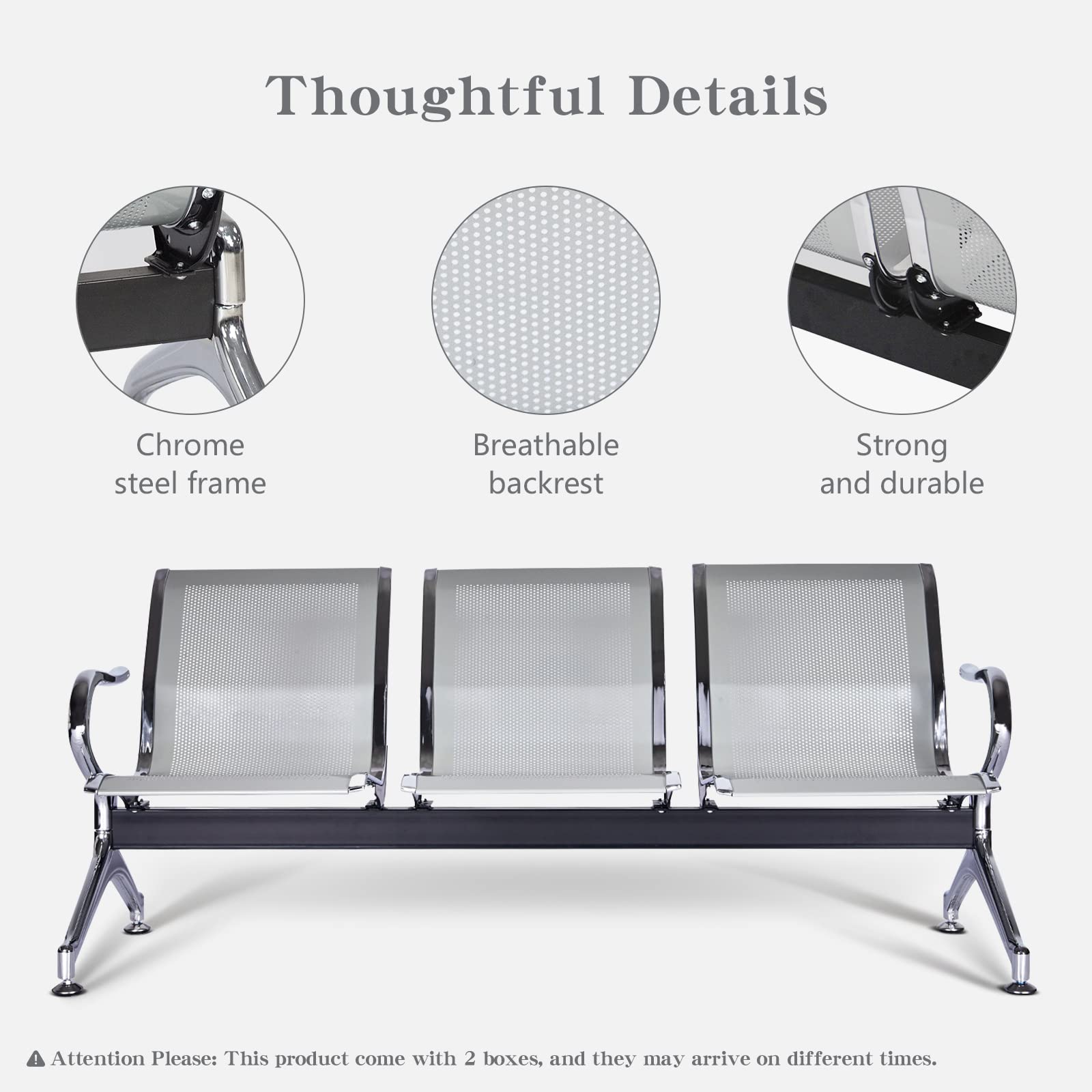 Premium Heavy Duty Waiting Room Chairs - 3-Seater Reception Guest Chairs for Hospitals, Offices, Salons & Barber Shops (Silver) - Durable Seating Solution for High-Traffic Areas