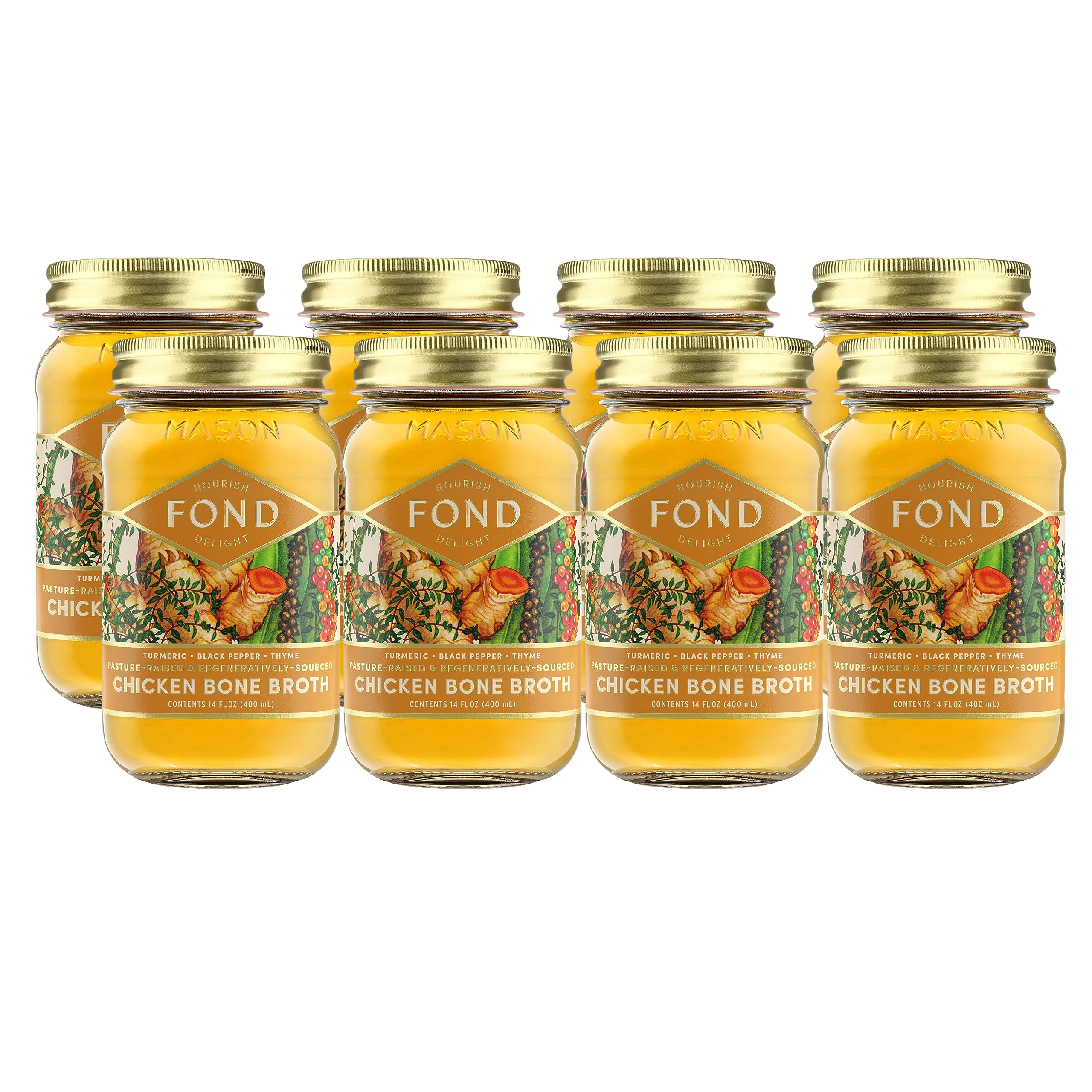 FOND Pasture-Raised Regenerative Chicken Bone Broth with Organic Turmeric & Black Pepper - Keto, Paleo Friendly Collagen Protein Drink for Gut Health & Immunity Support