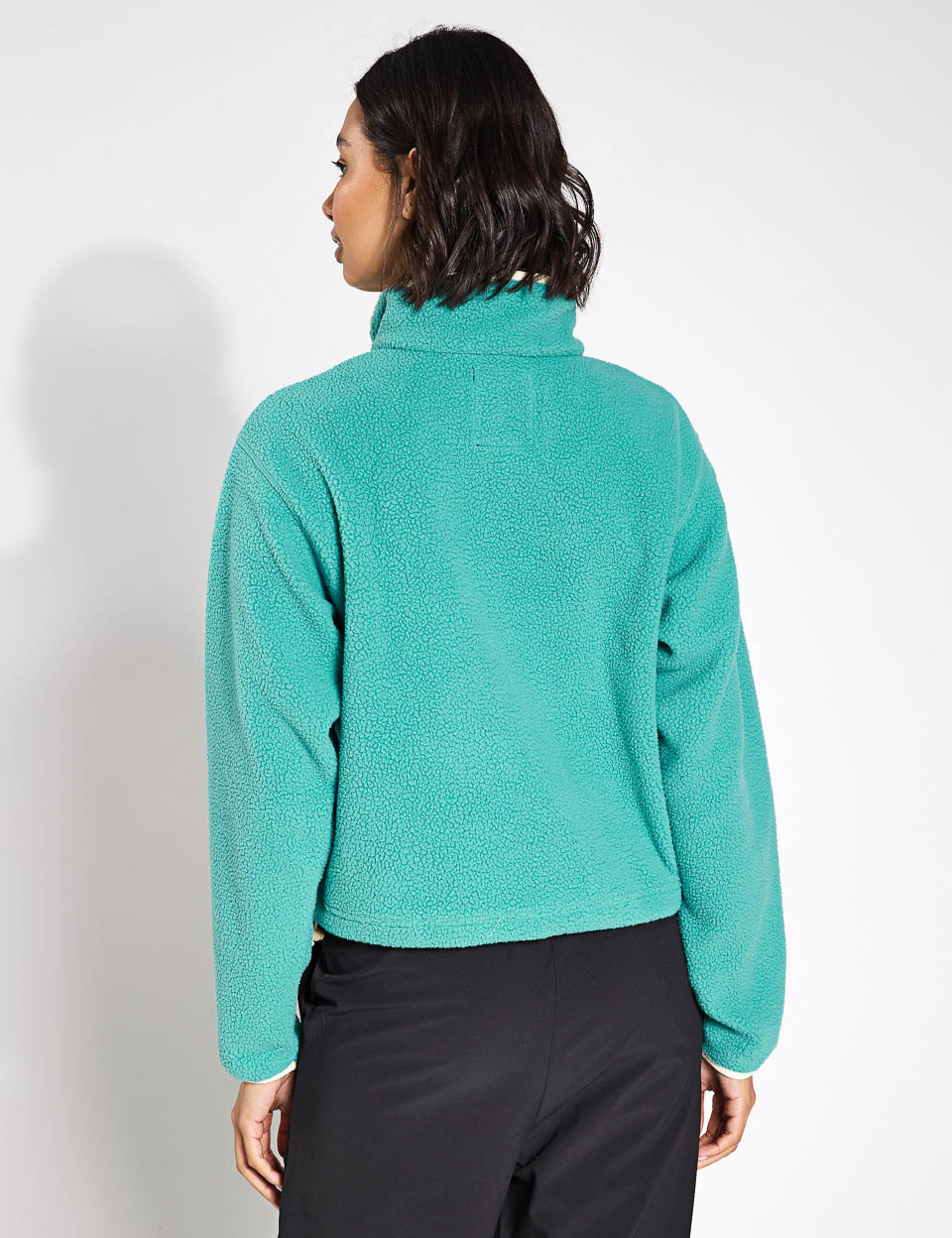 Helvetia II Cropped Sherpa Half Snap Fleece Jacket - Teal Color for Women | Cozy Winter Outerwear for Casual Outings & Outdoor Activities