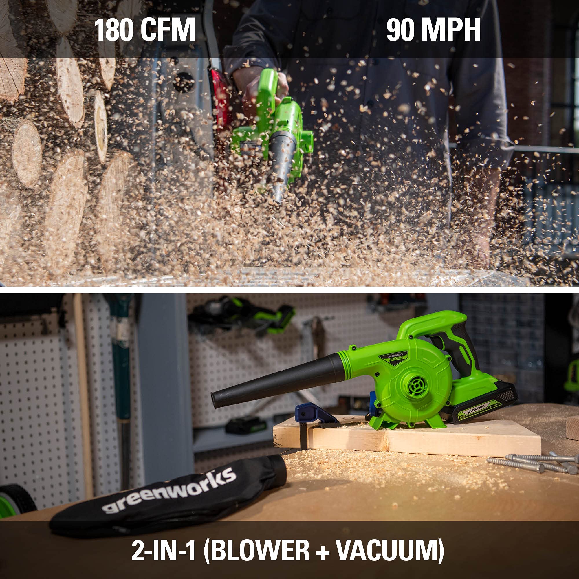 Greenworks 24V Cordless Leaf Blower - 90 MPH, 180 CFM, 2.0Ah Battery & Charger Included - Compatible with 125+ Tools - Perfect for Yard Cleanup, Driveway Clearing & Workshop Use