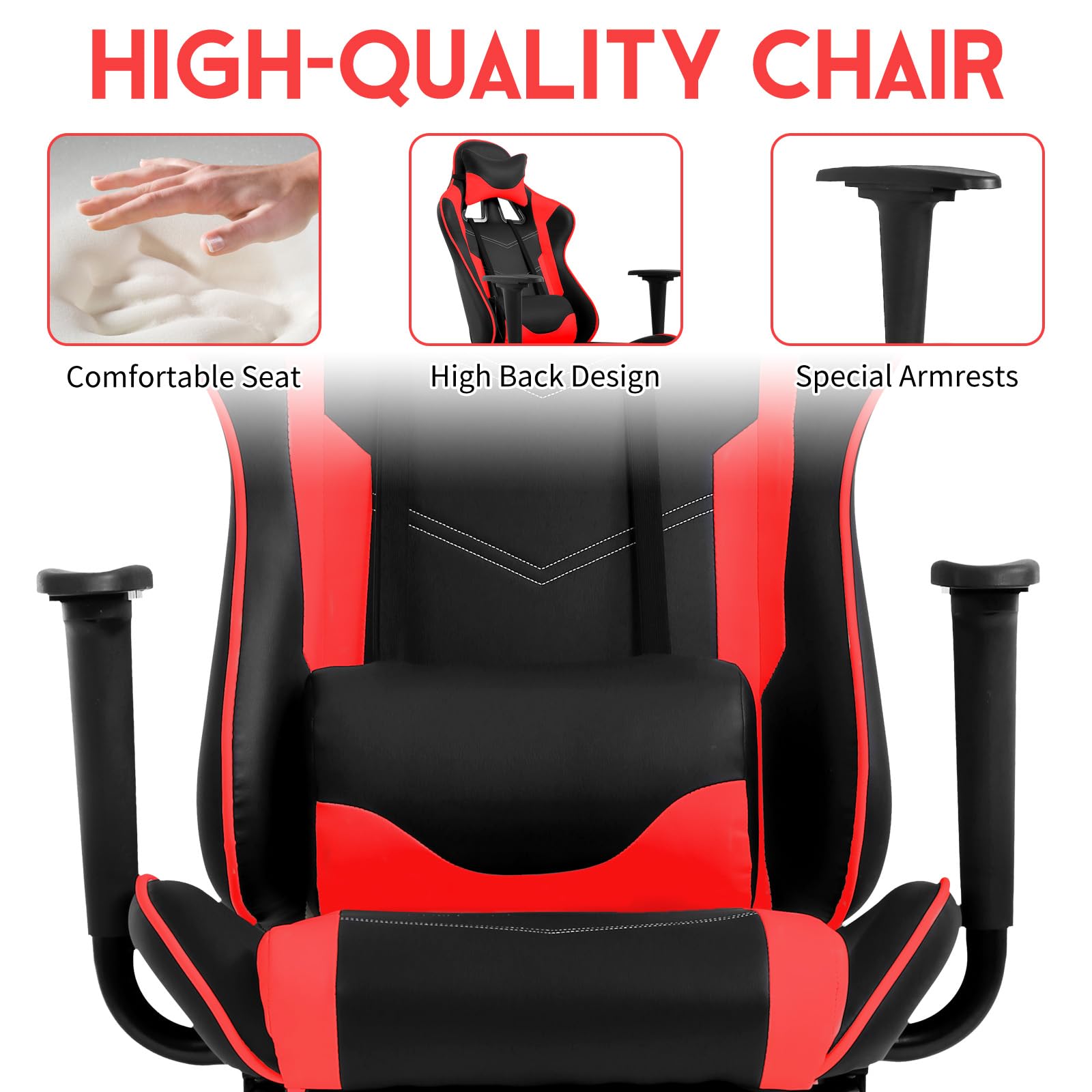 BLKMTY Ergonomic Gaming Chair - High Back PU Leather Office Chair with Adjustable Lumbar Support, Headrest & Footrest - Racing Style Computer Chair for Home & Work - Perfect for Gamers, Streaming & Long Work Sessions (Red)