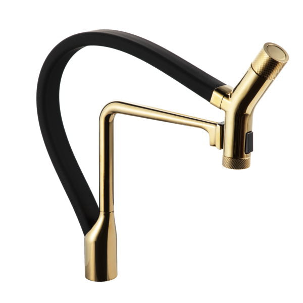 Hamat KAPO 2000 PBB Dual Function Handheld Pull-Out Kitchen Faucet - Polished Brass & Black Hose - Perfect for Modern Kitchens & Easy Cleaning