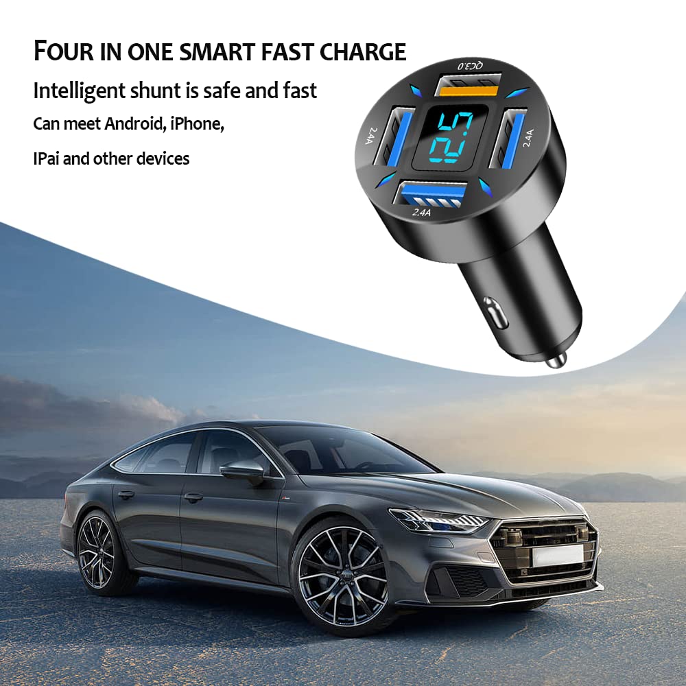 4-Port USB Fast Car Charger with QC 3.0 & Voltmeter - 36W Multi-Port Cigarette Lighter Charger Adapter for iPhone, Samsung, Android Phones & Tablets - Perfect for Road Trips, Commuting & Family Travel