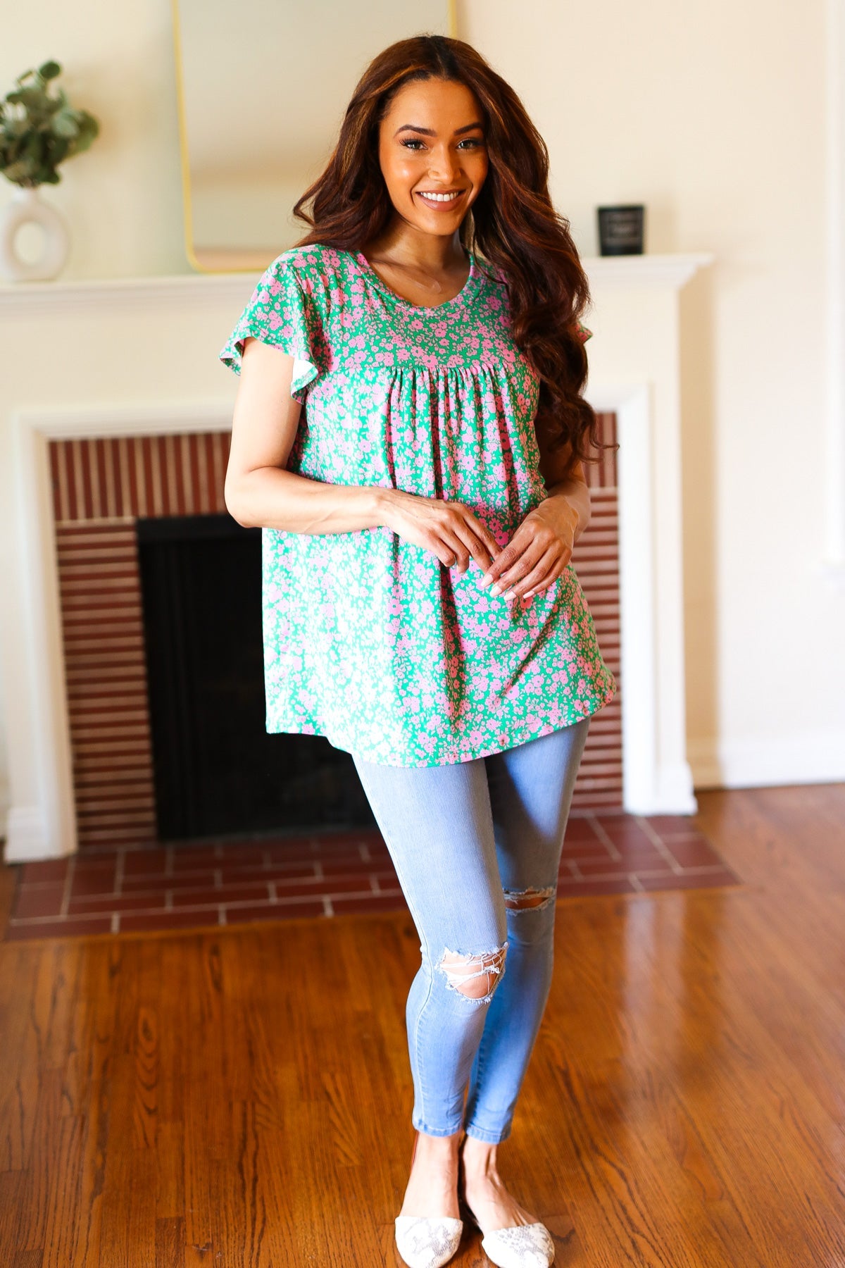 Dreamy Green & Pink Floral Ruffle Short Sleeve Blouse - Women's Boho Chic Yoke Top for Summer Outfits, Date Nights & Beach Vacations