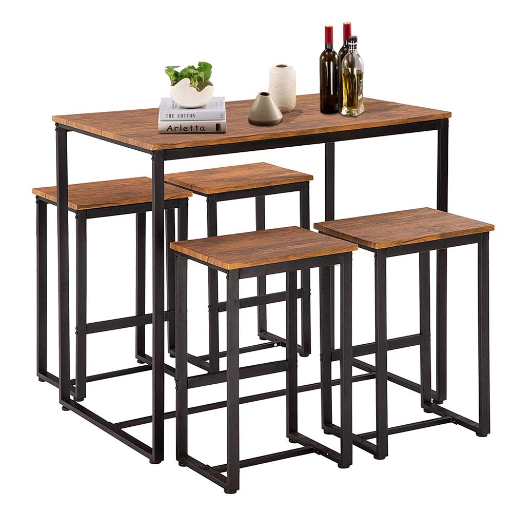 5-Piece Industrial Bar Table and Chairs Set - Counter Height Dining Set with 4 Stools, Brown - Perfect for Kitchen, Breakfast Nook, Living Room & Home Bar Decor